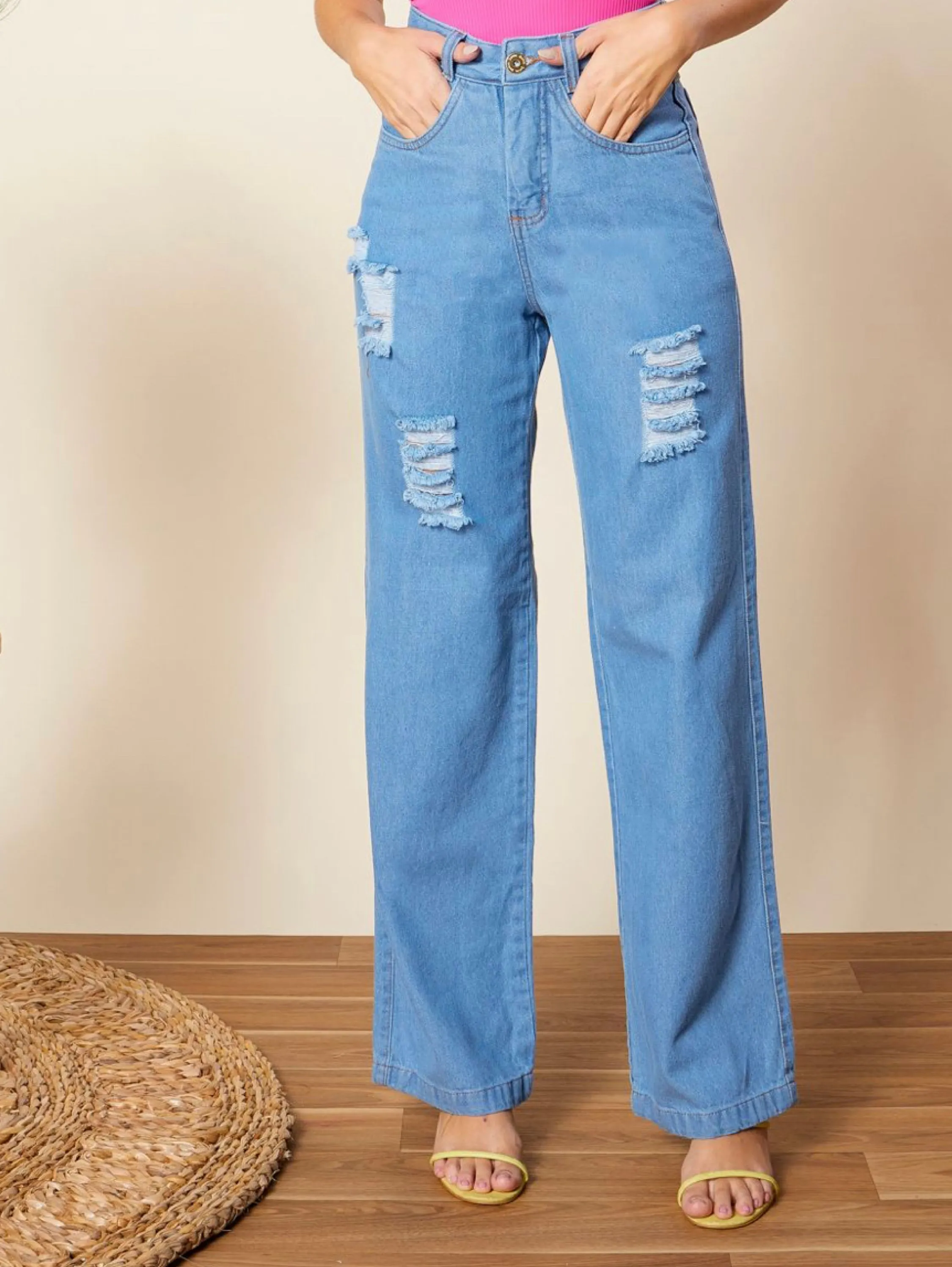 Calça Jeans WIDE LEG Rasgadin Moda Feminina