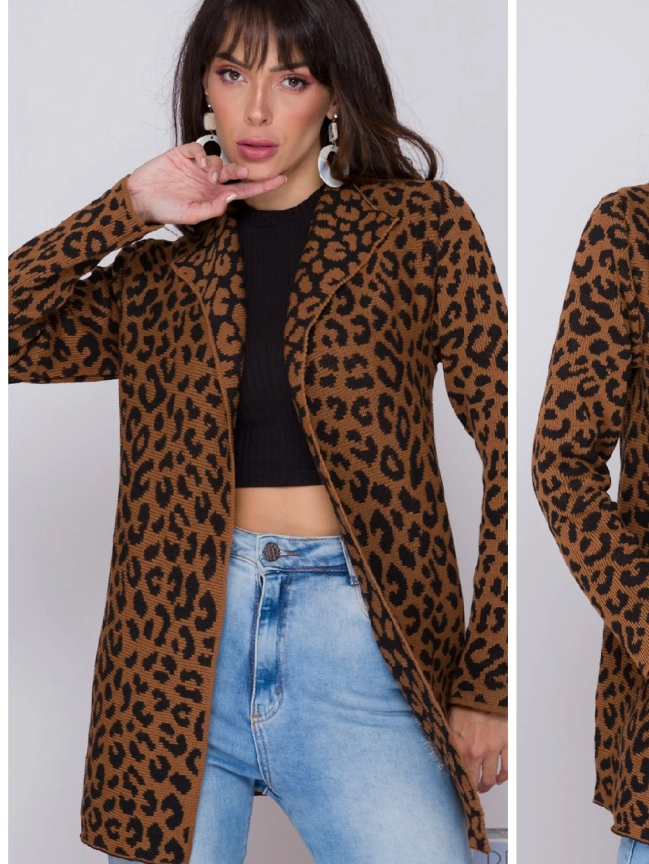 Kimono Animal Print Onça Feminino Cardigan Manga Longa Tricot Grosso inverno 2021