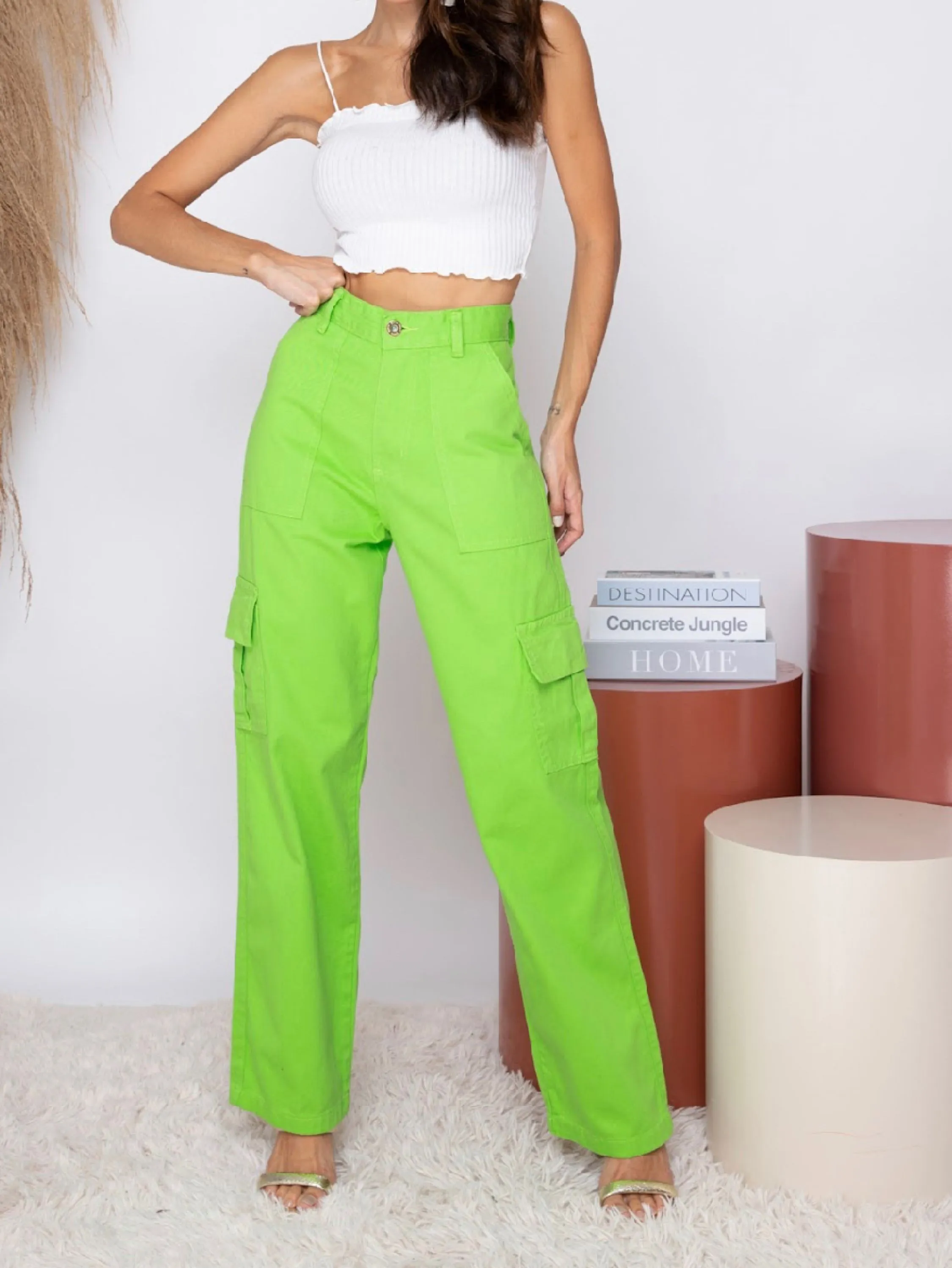 Calça Cargo jeans  feminina tem bolsos com ziper 2023 nova