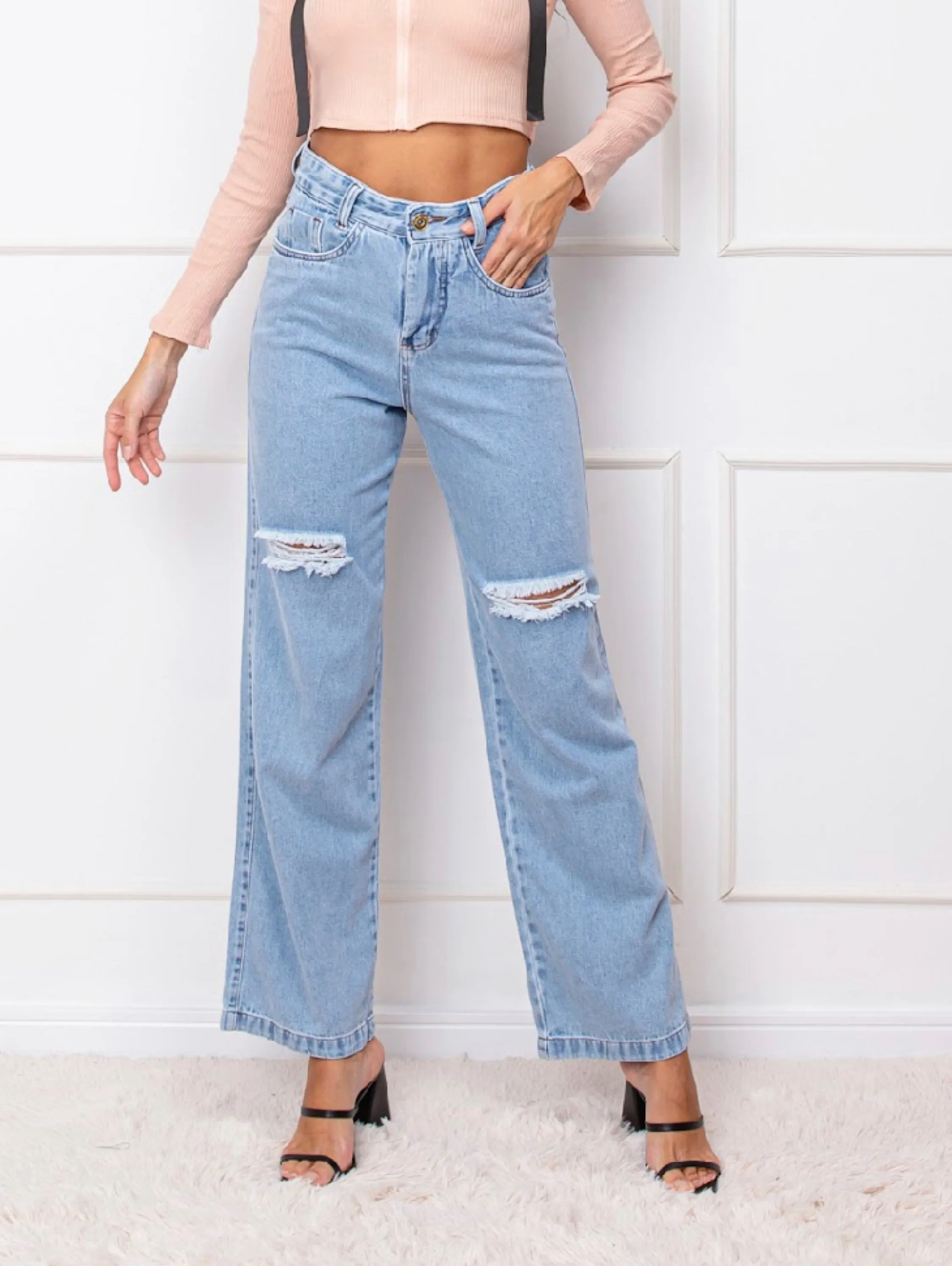 Calça Jeans Wide Leg Moda Feminina no joelho rasgado