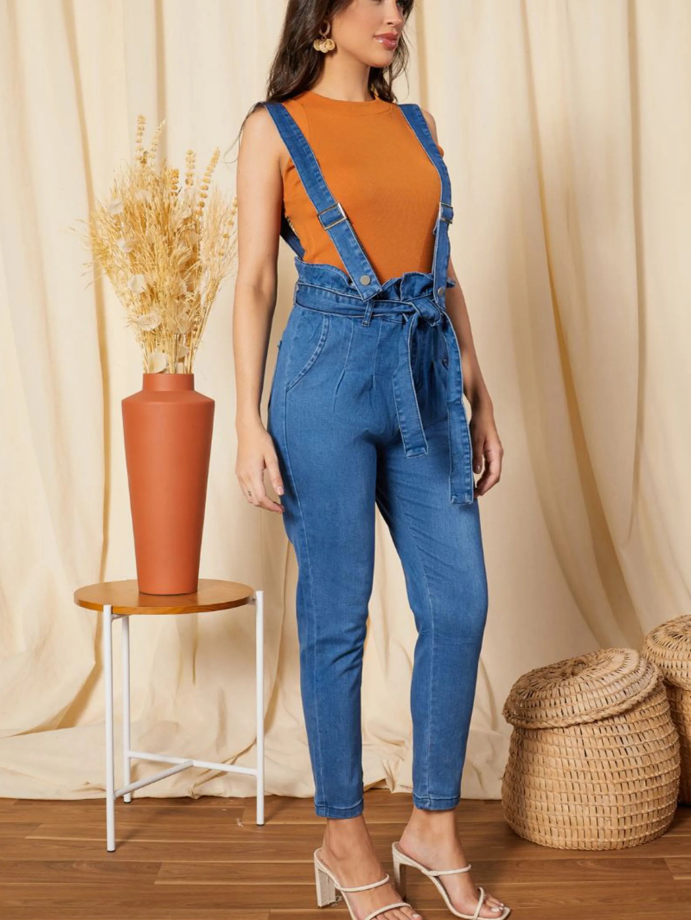 Calça jeans Femininas com alça embutida com cinto com lycra