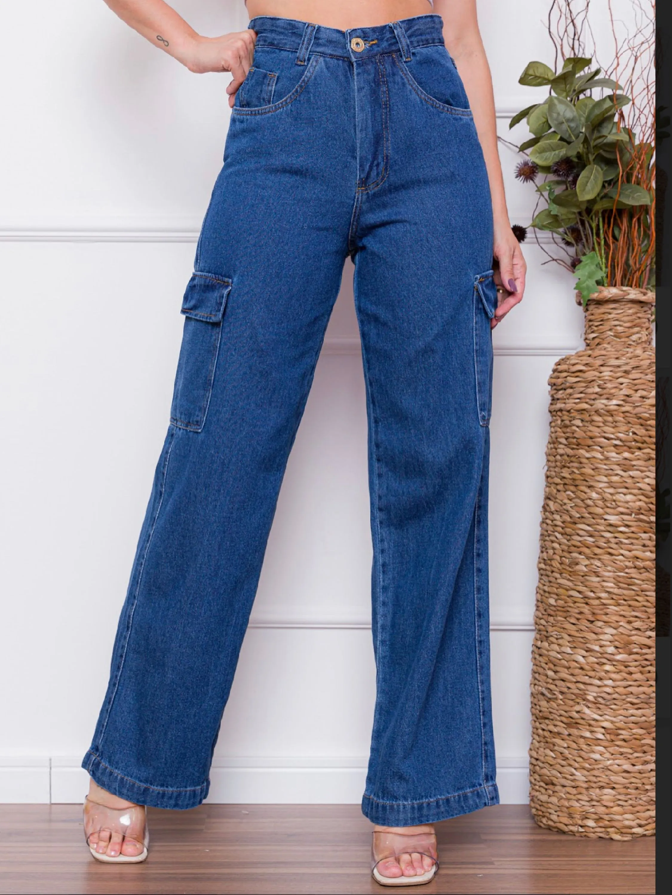 Calça Jeans Feminina Cargo Cintura Alta