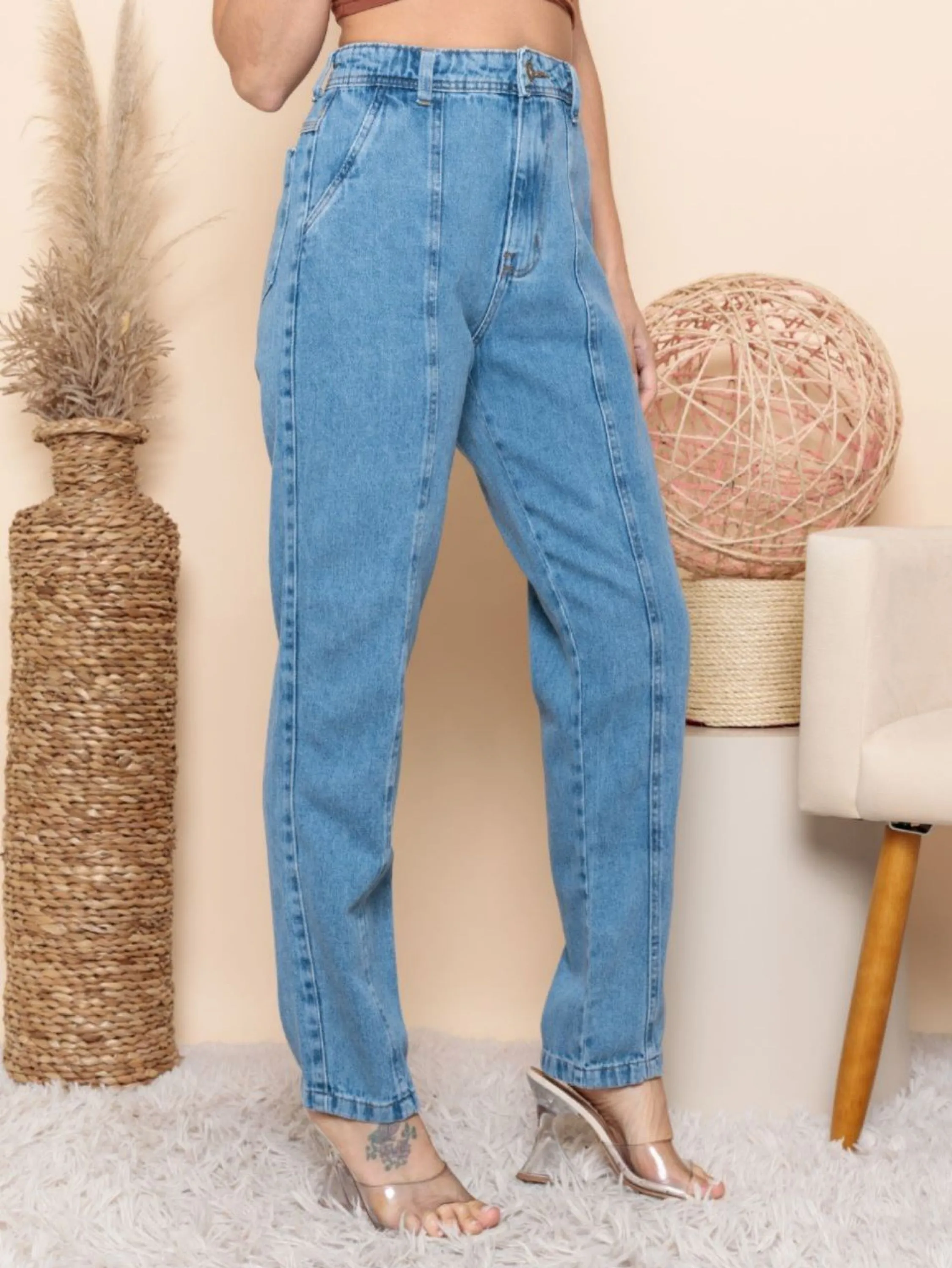 Calça feminino jeans skynni com costura na frente sem Bolso