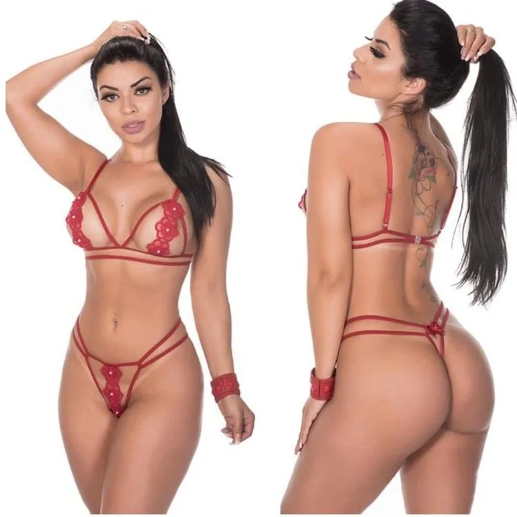 Conjunto sem bojo tule transparente com aplicações