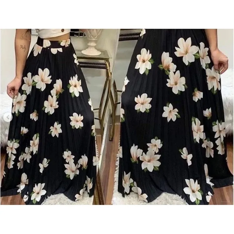 Saia Longa Feminina Plissada Estampada Floral  Feminina em Crepe com Forro Princesa Festa Social Moda Luxo Evento Promocao！