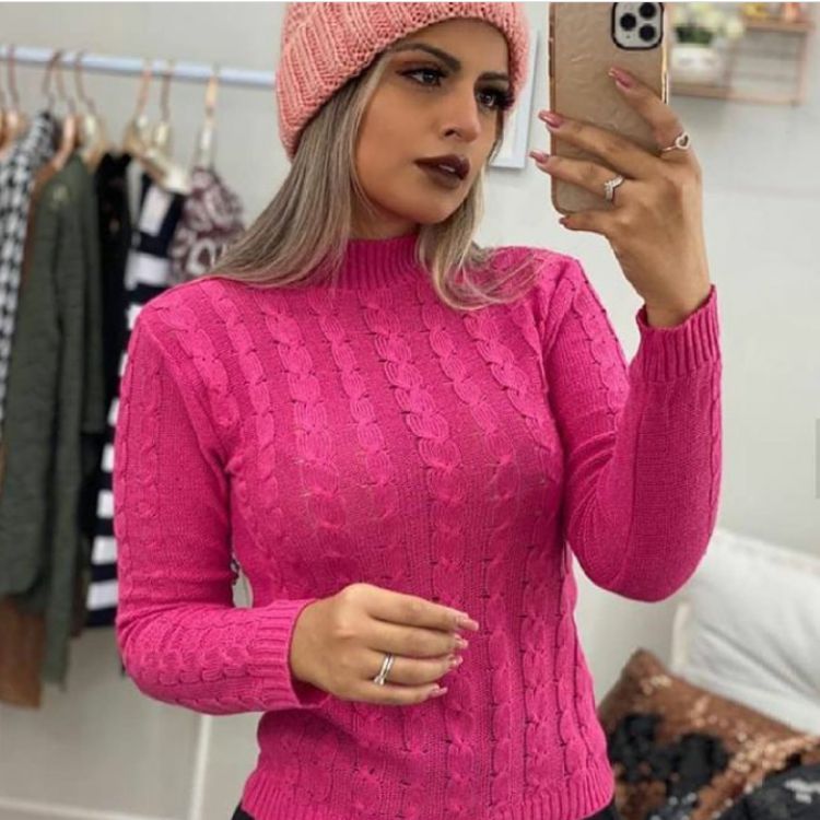 Blusa Tricô Trança Cacharrel Manga Longa Casual Tendência