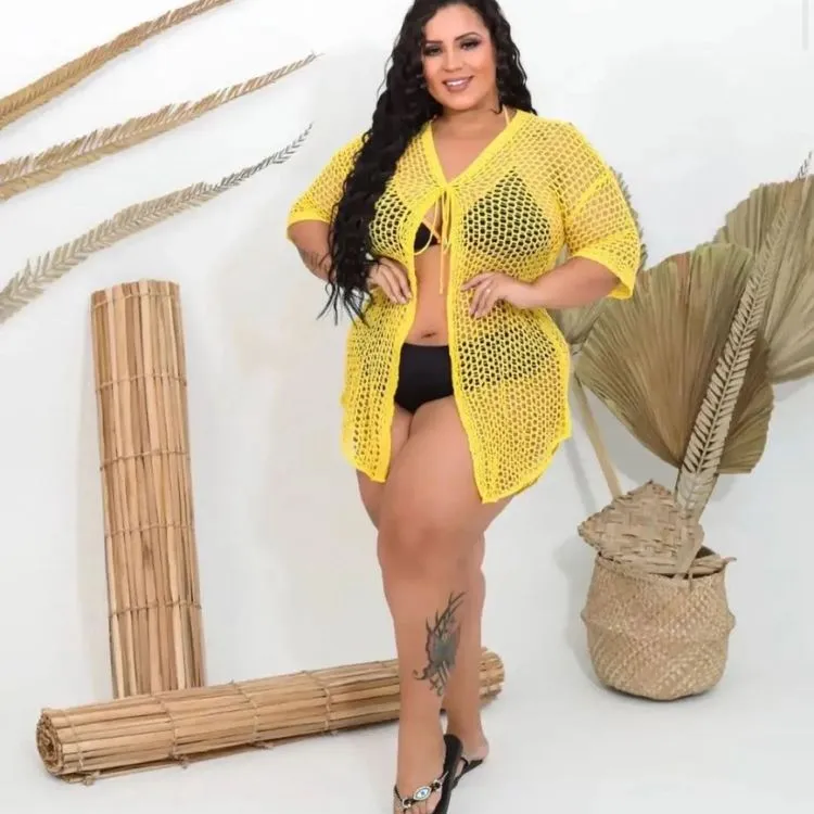 Saída de Praia Tricô Plus Size Aberta Manga Curta Verão Tendência