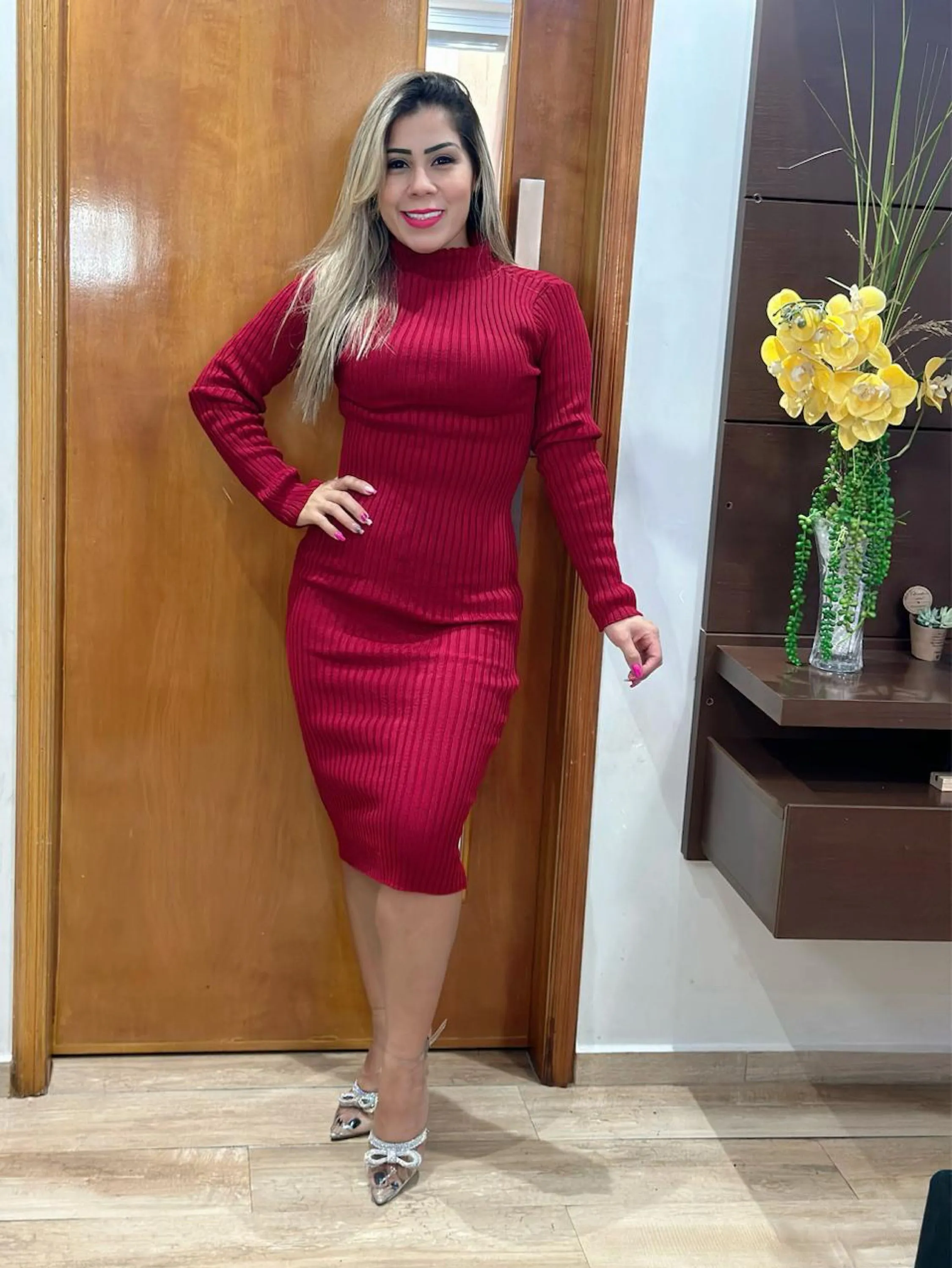 Vestido Tricô Midi Manga Longa Cacharrel