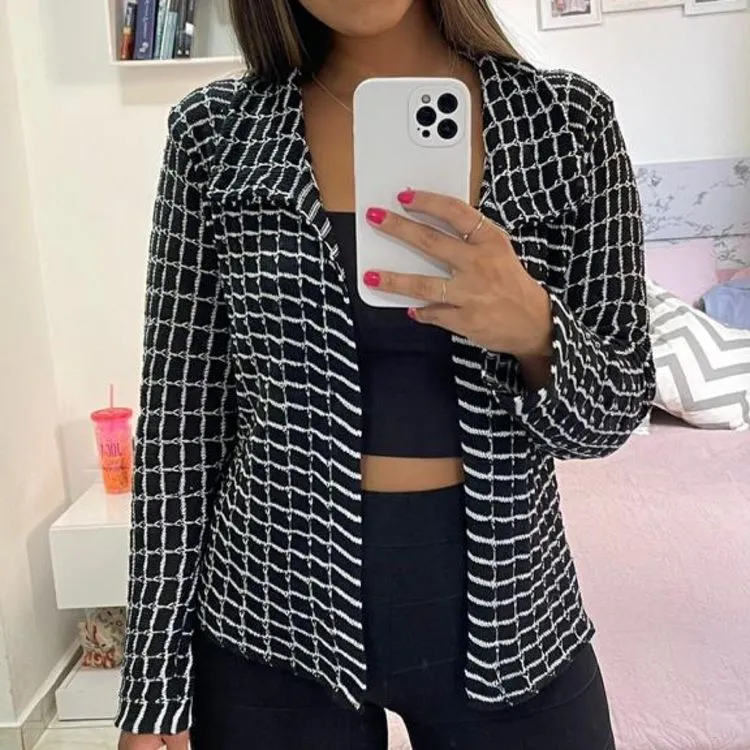 Blazer Casaco Tricô Quadradinho Manga Longa