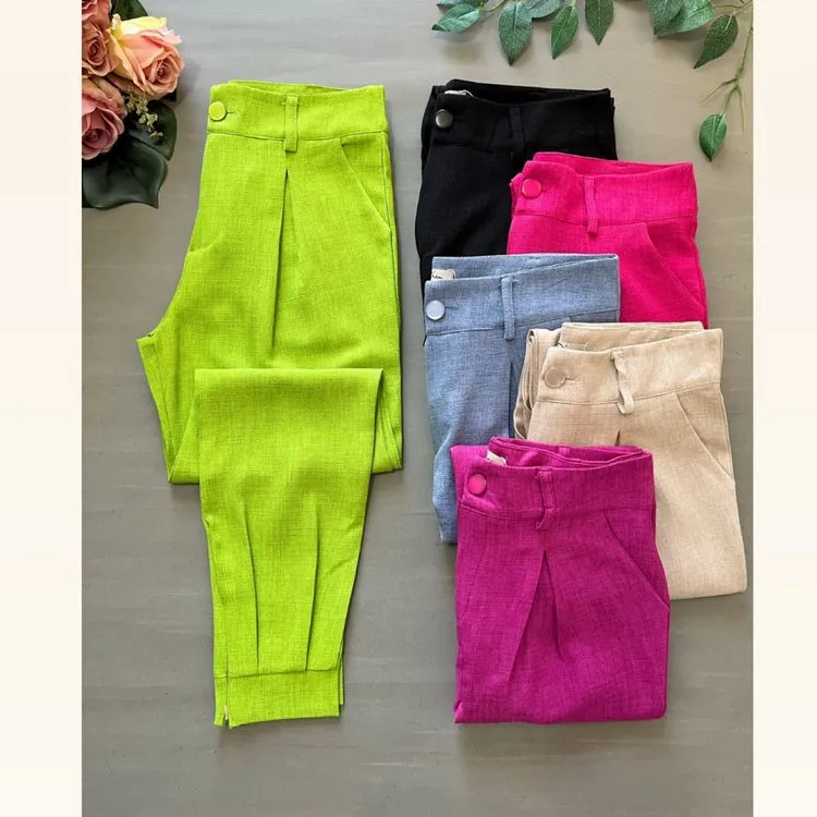 Calça linhão com zíper na perna feminina verão moda feminino