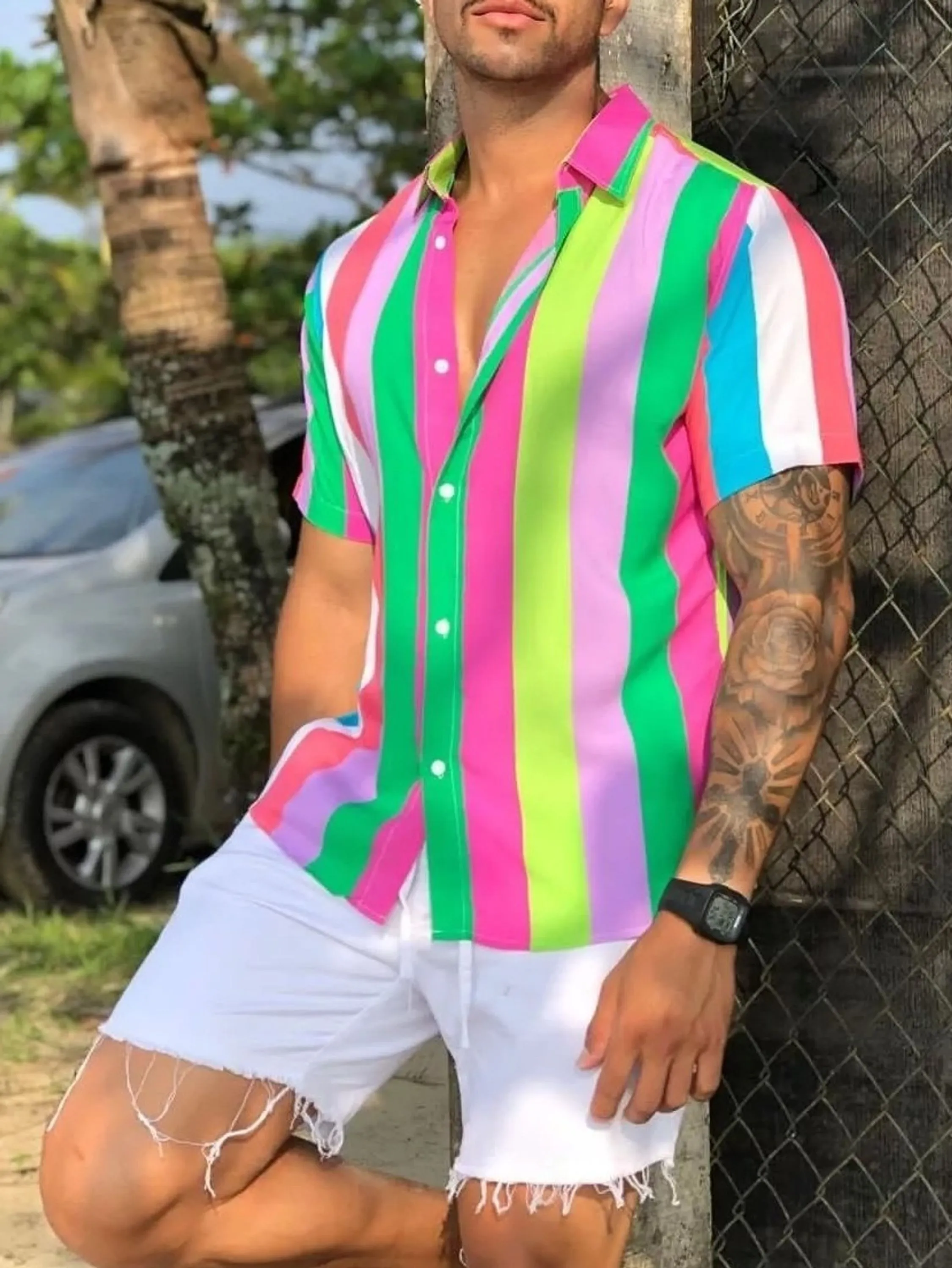 Camisa Masculina Colorida Social Manga Curta Slim