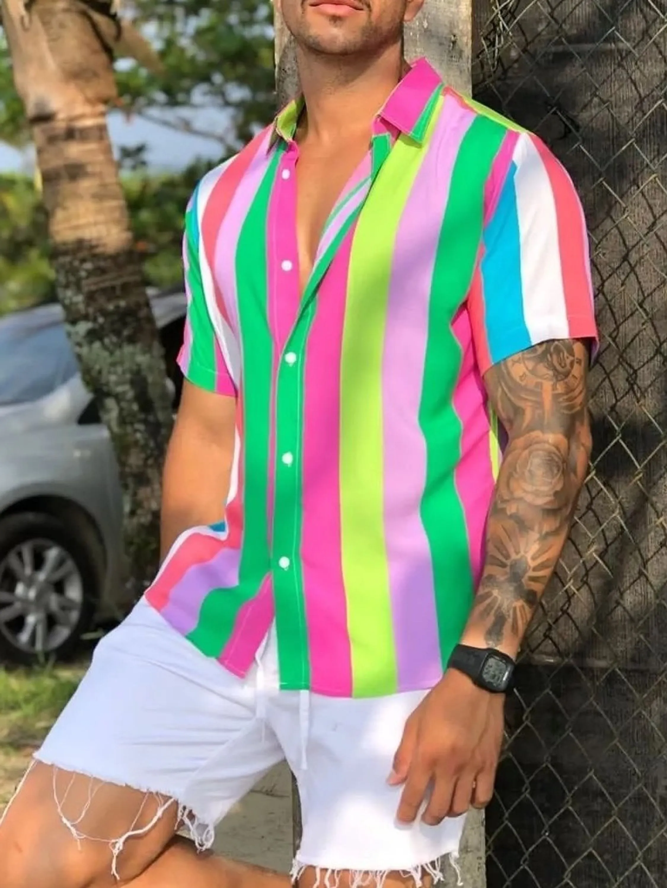 Camisa Masculina Social Plus Size Manga Curta Estampada Colorido