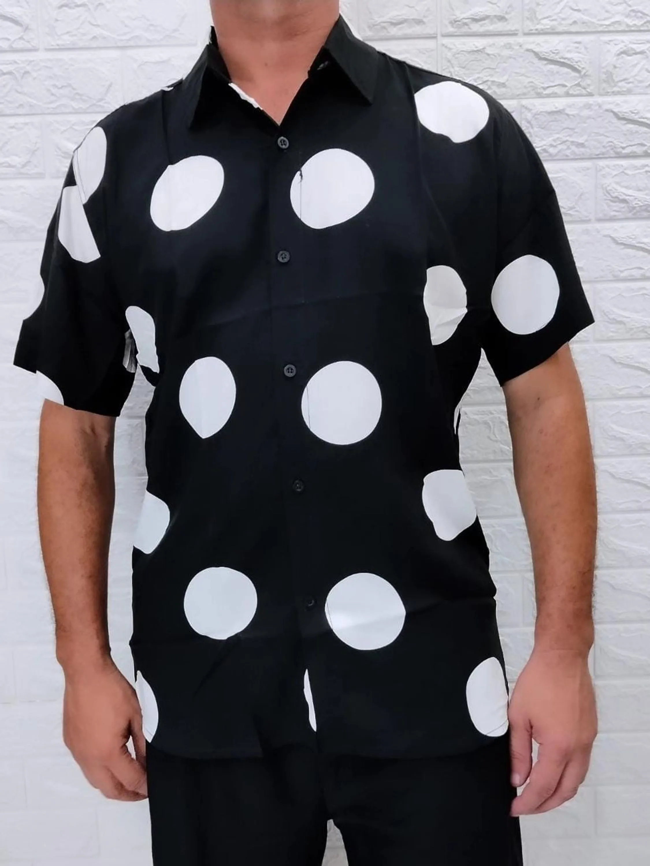 Camisa Masculina Social Estampada Bolinhas Brancas Manga Curta