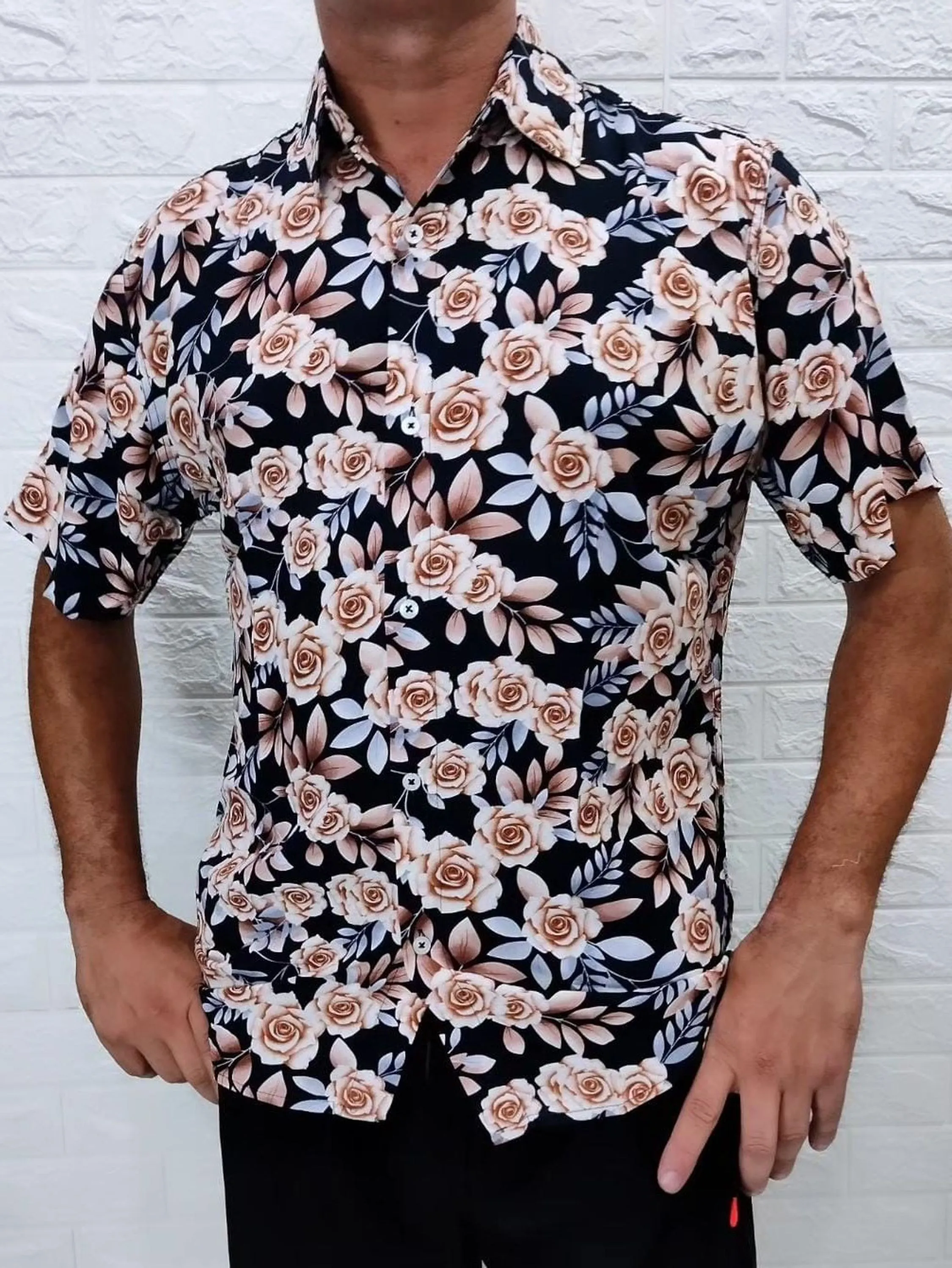 Camisa Masculina Social Estampada Florida Manga Curta