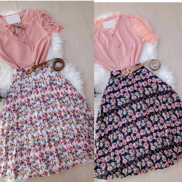 Saia plissada MIDI florzinha -doce menina moda evangélica