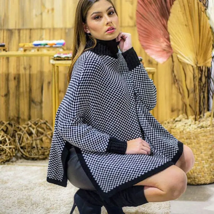 Poncho com Gola xadrez tricot moda inverno