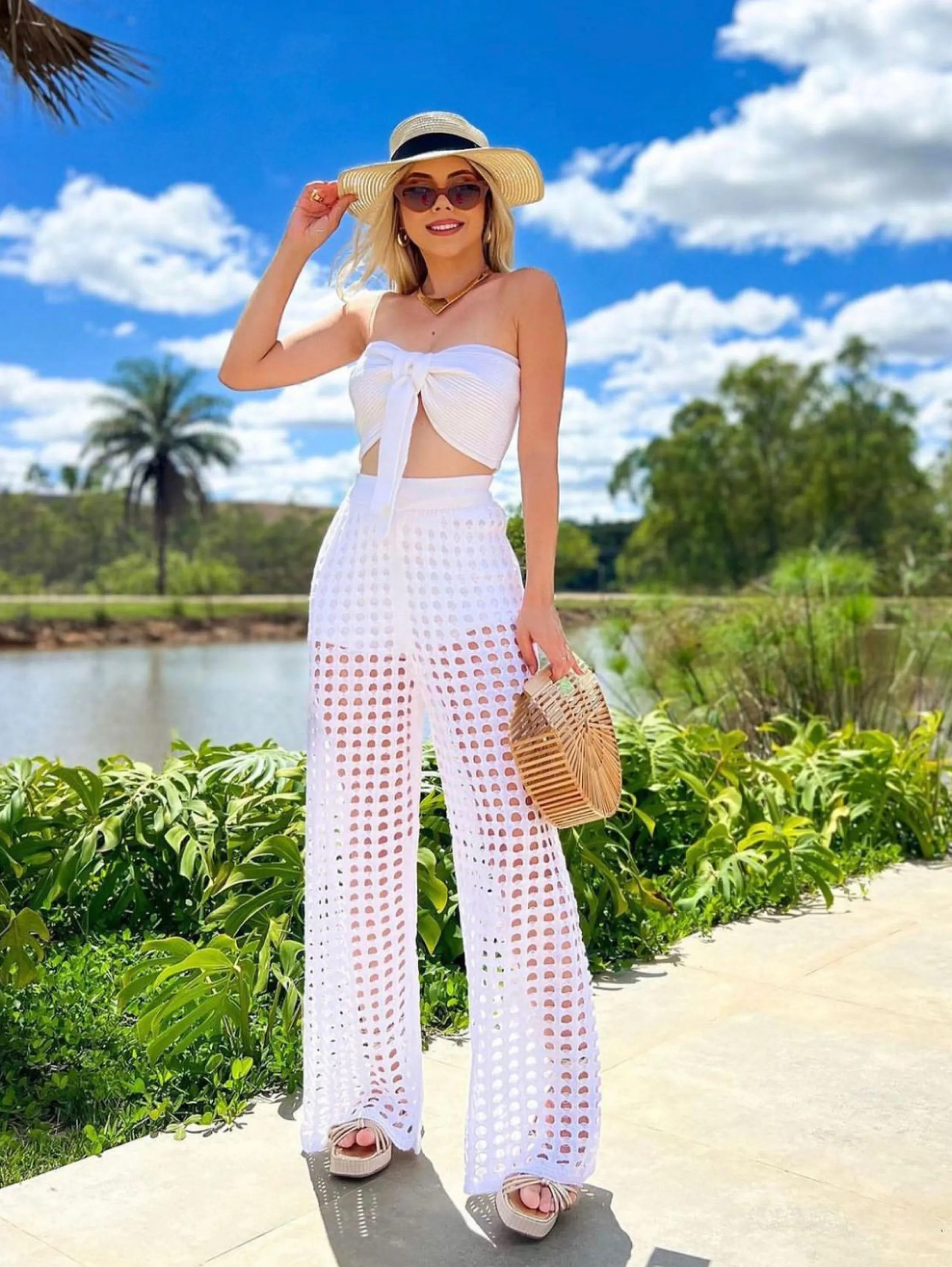 Calça Saída de praia tricot moda blogueira super leve e elegante