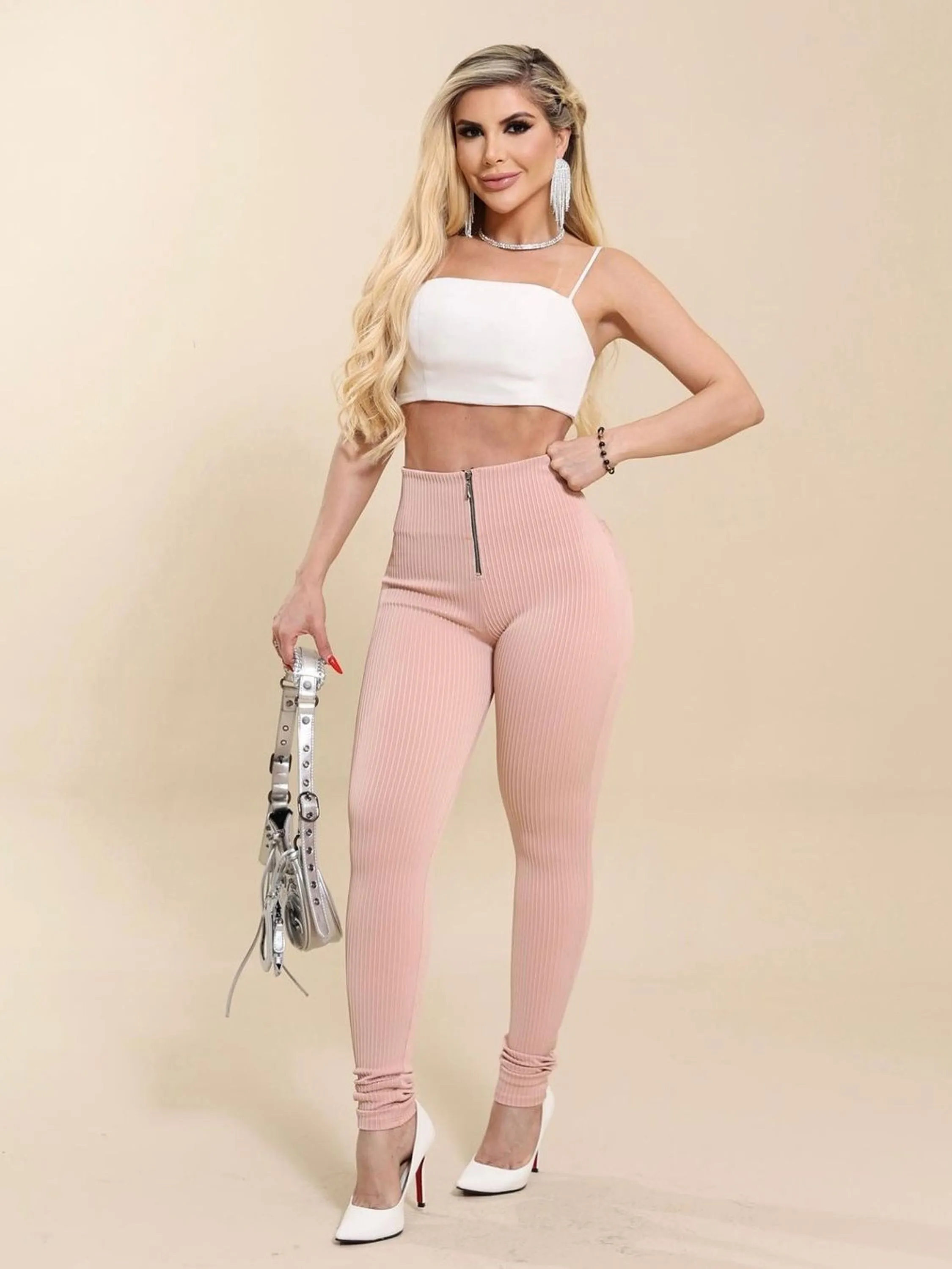 Legging Modeladora Canelada Com Ziper Frontal