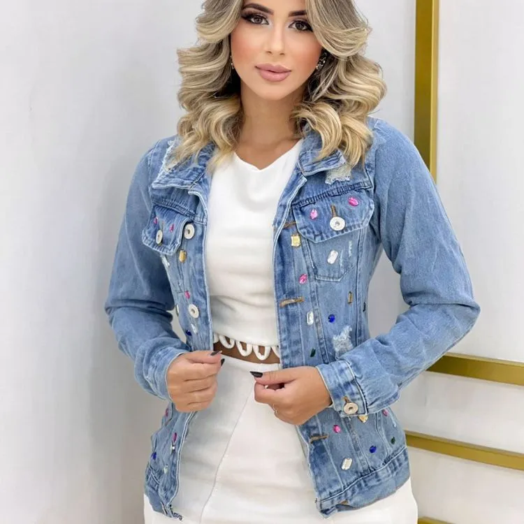 Jaqueta jeans max com pedraria feminina