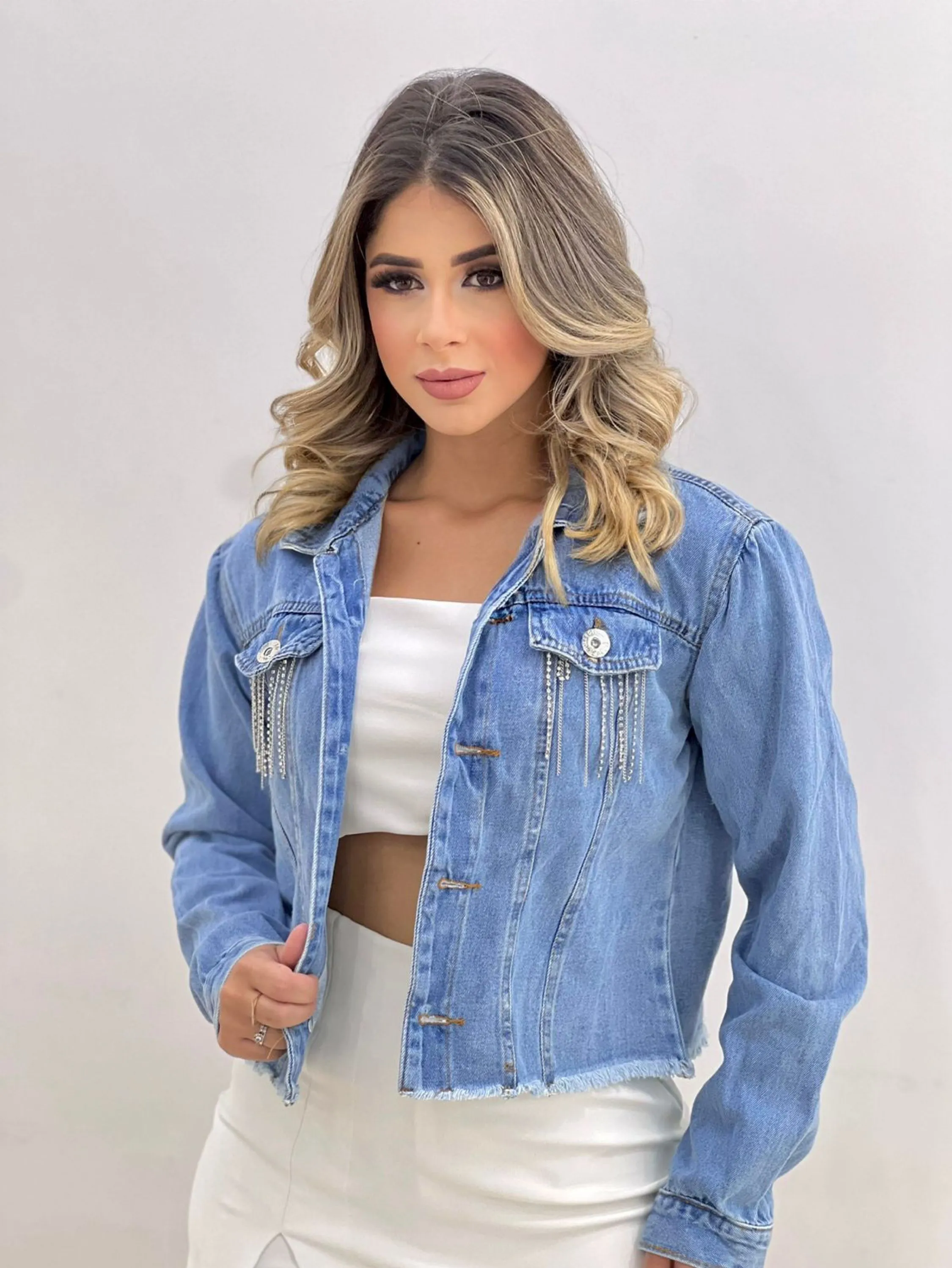 Jaqueta jeans com brilho feminina