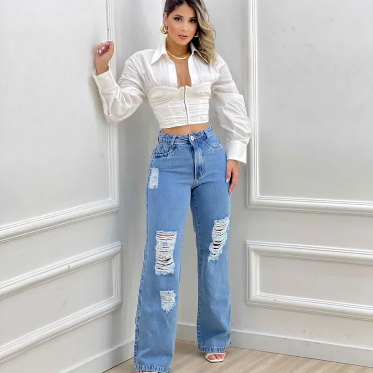 Calça jeans wide leg feminina