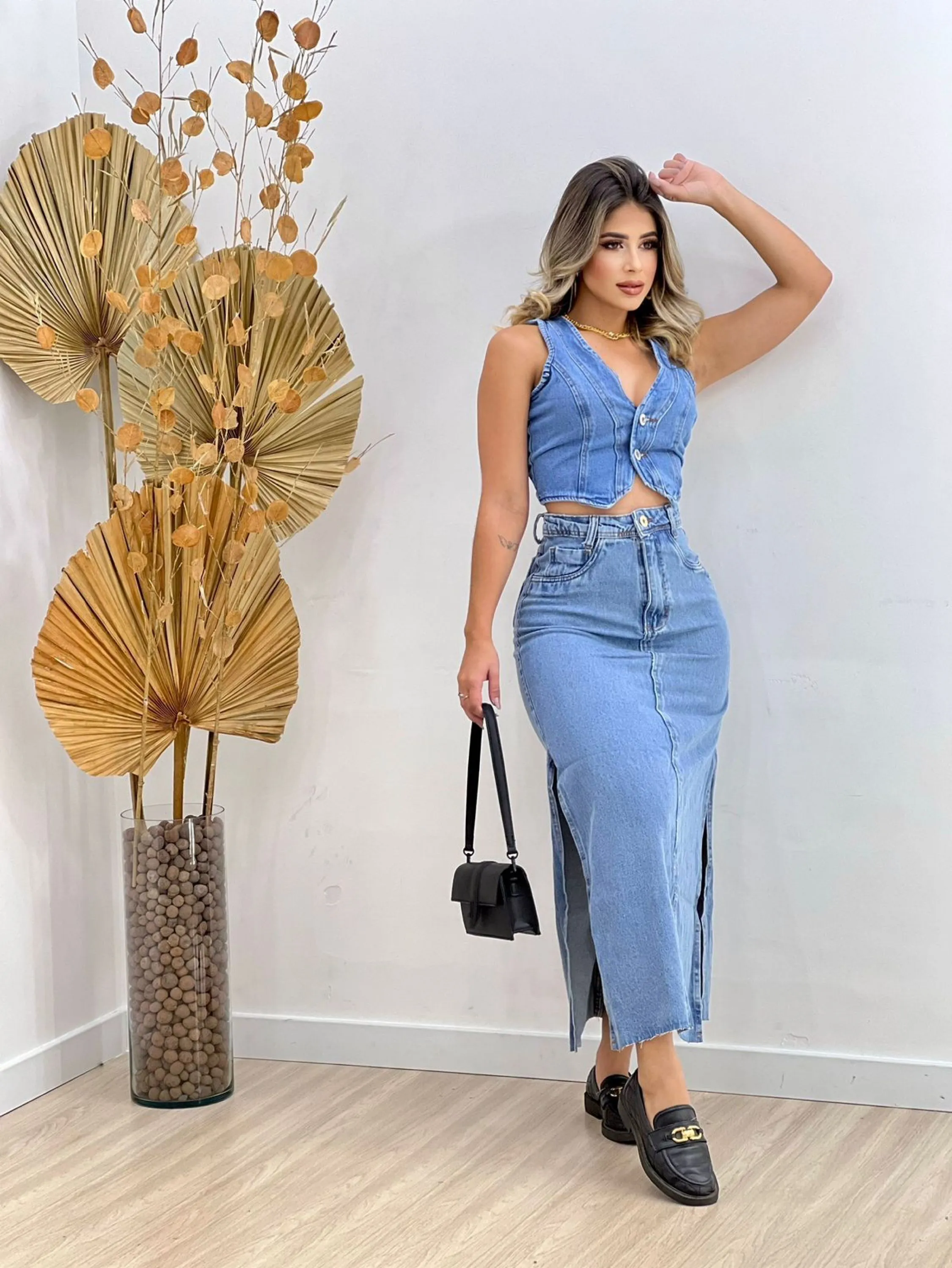 Saia midi jeans feminina