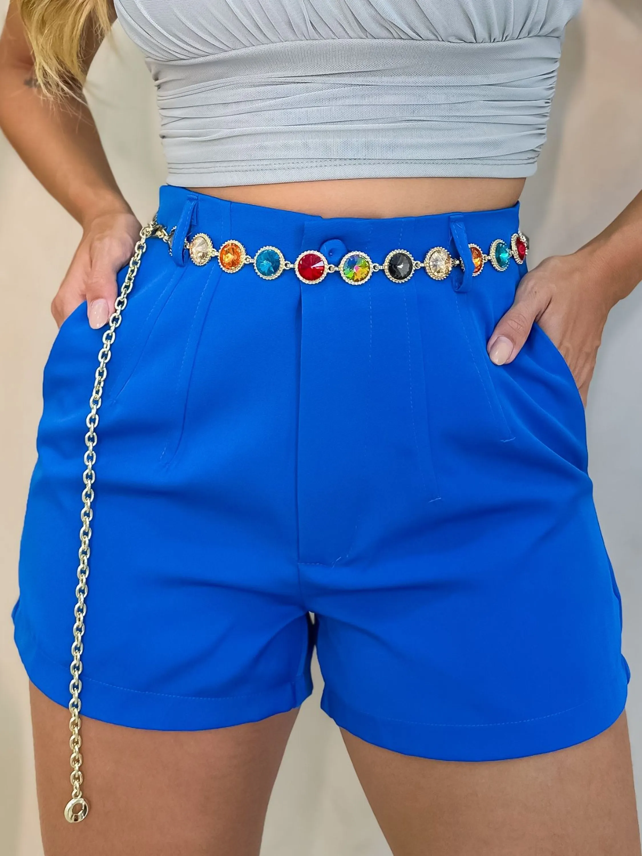 DREAM ESTILO Shorts Feminino de Alfaiataria com Cinto em Corrente (A323)