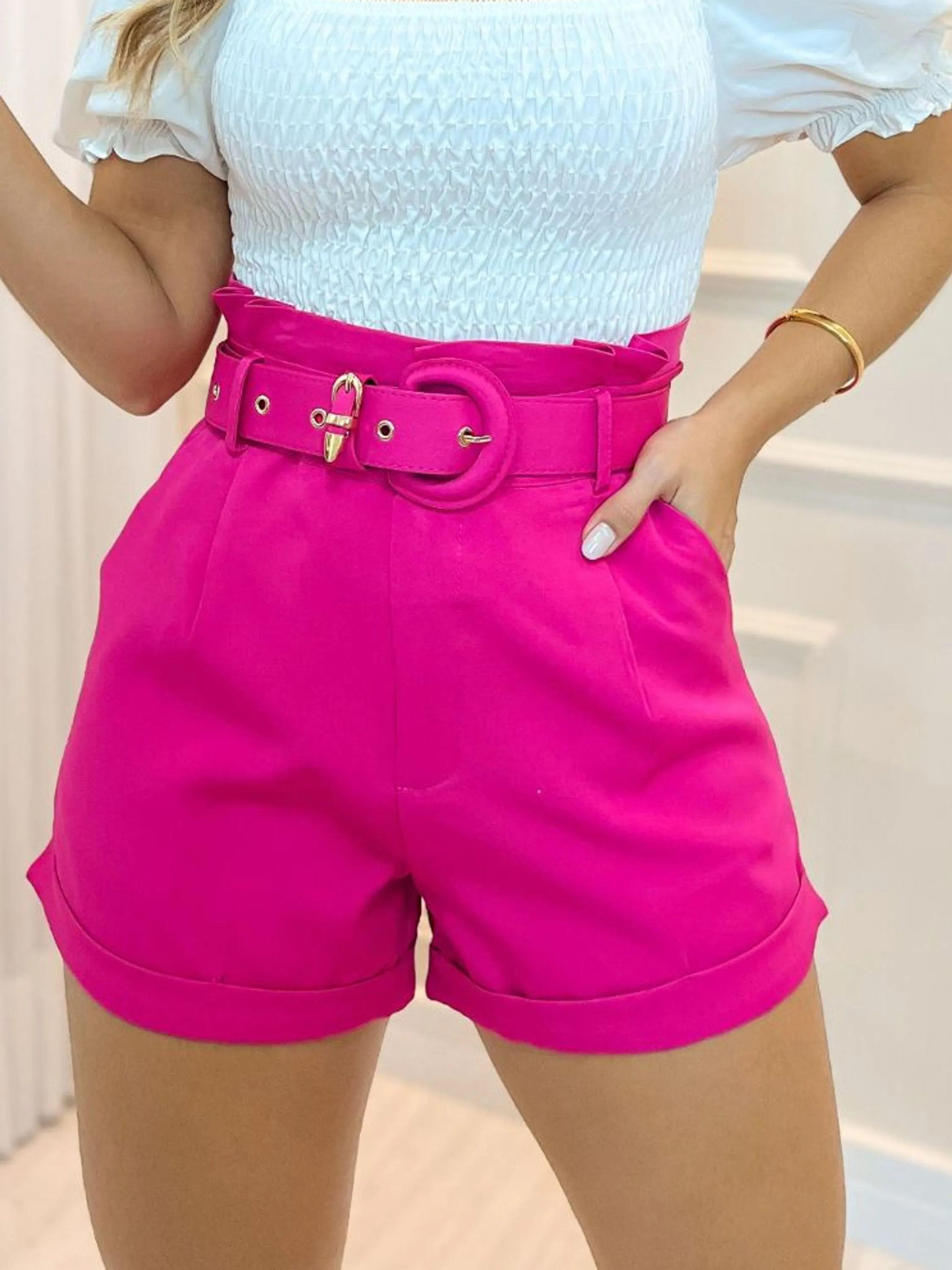 DREAM ESTILO Shorts Alfaiataria Cintura Alta Com Cinto Forrado (A302)