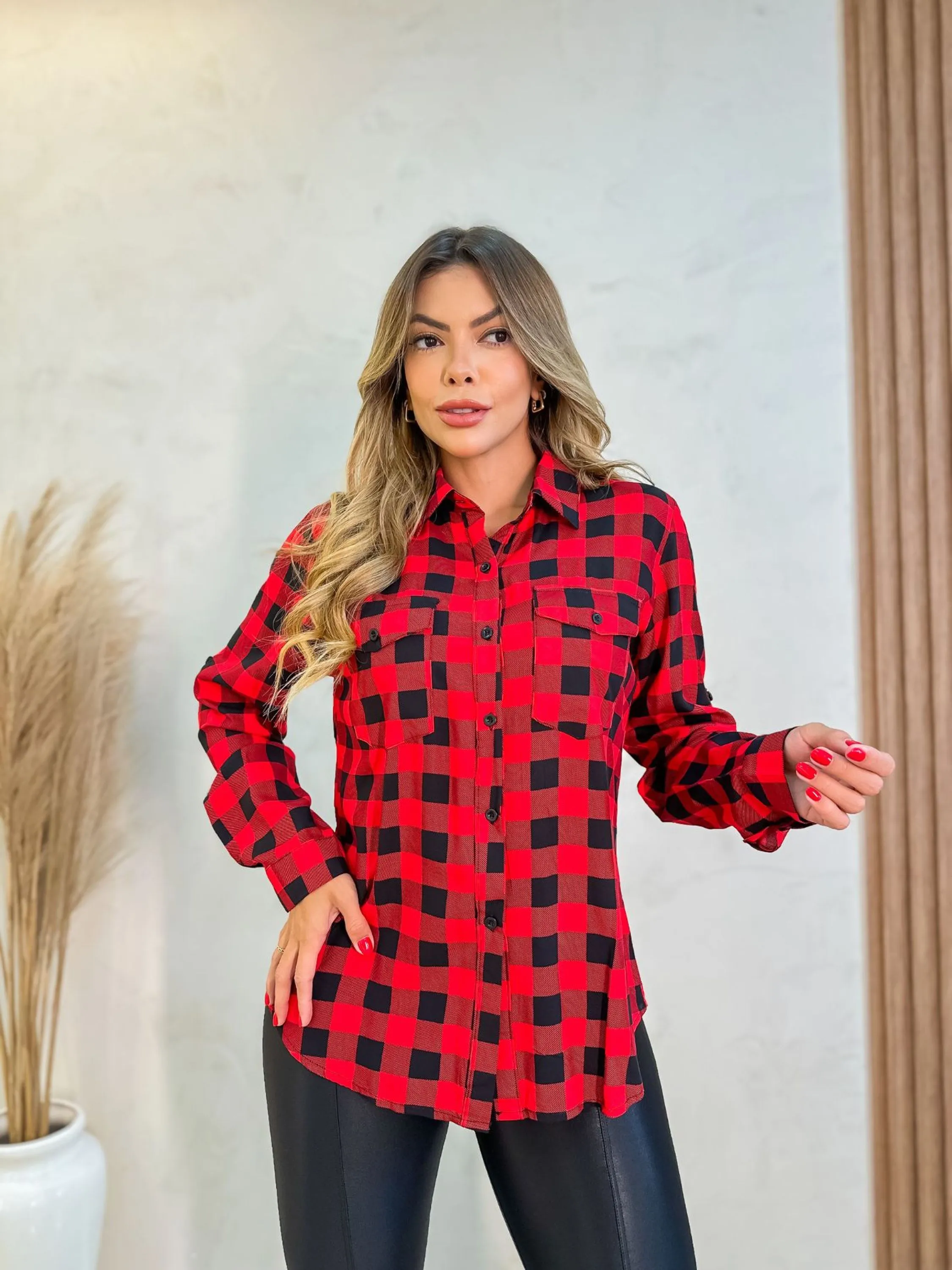 DREAM ESTILO Camisa Feminina Xadrez Manga Longa (B5527)