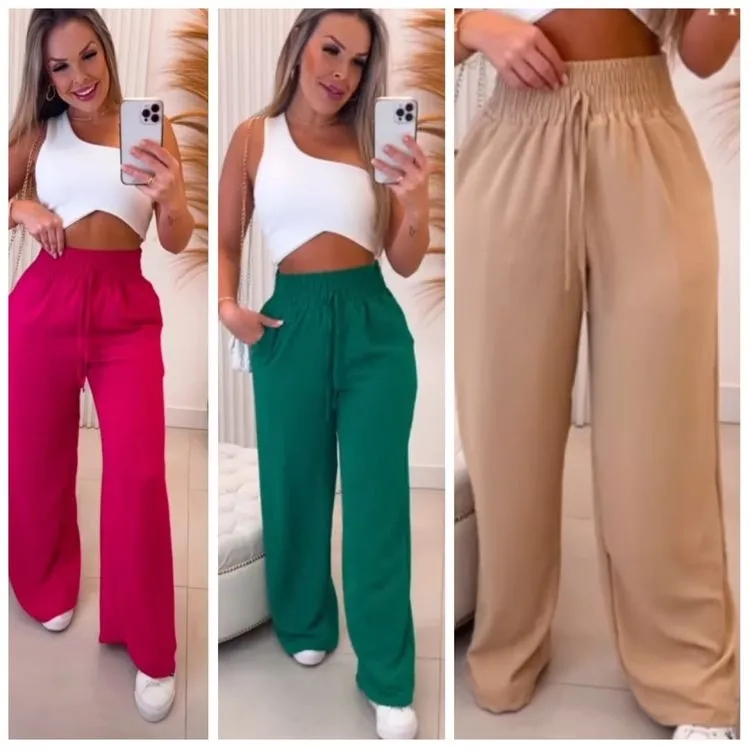 Calça pantalona em tecido duna forrada veste  m e g