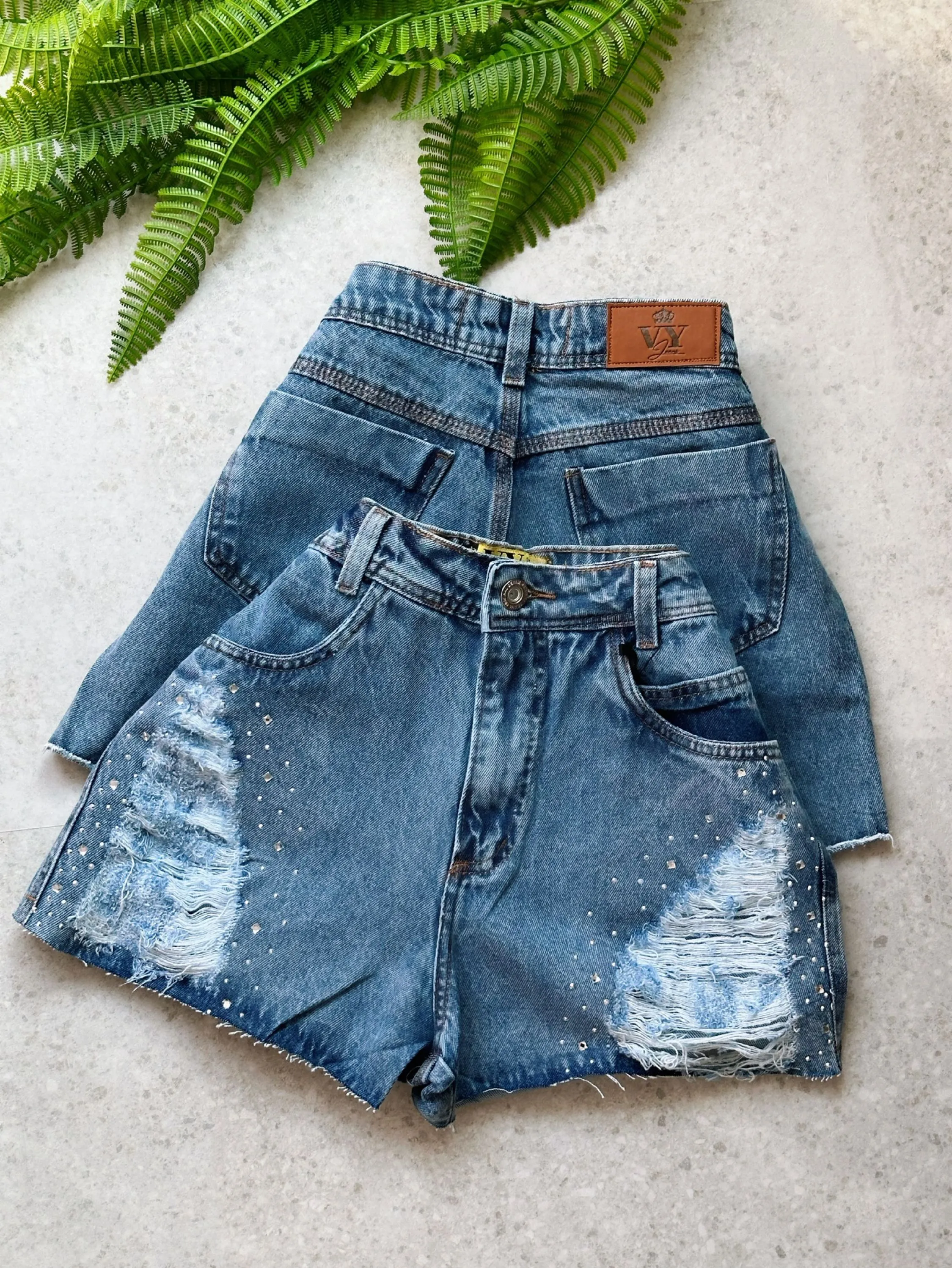 Short Jeans Feminino Rasgado Pedraria Com Bolso Melhor Qualidade