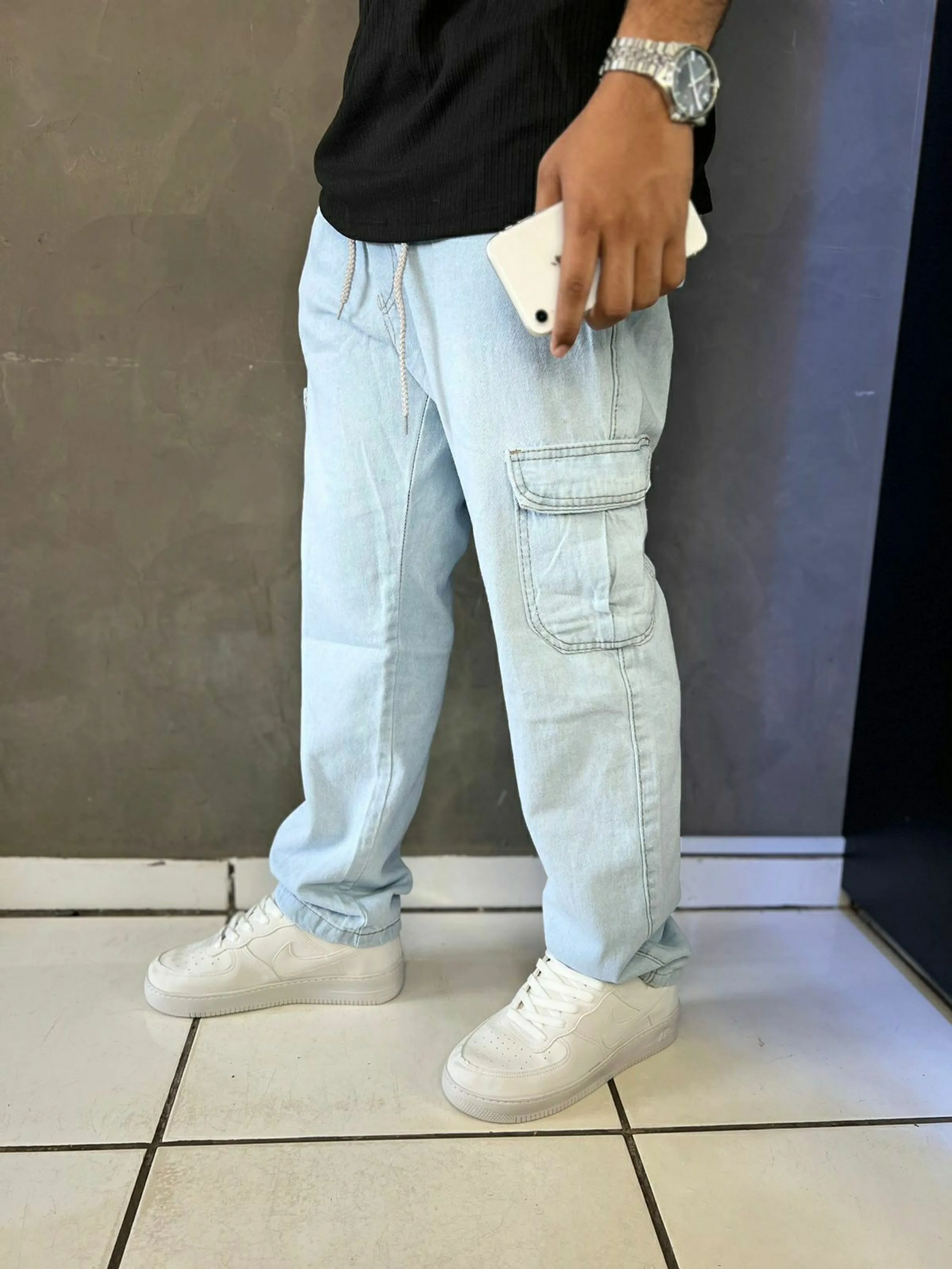 Calça cargo jeans masculino clara