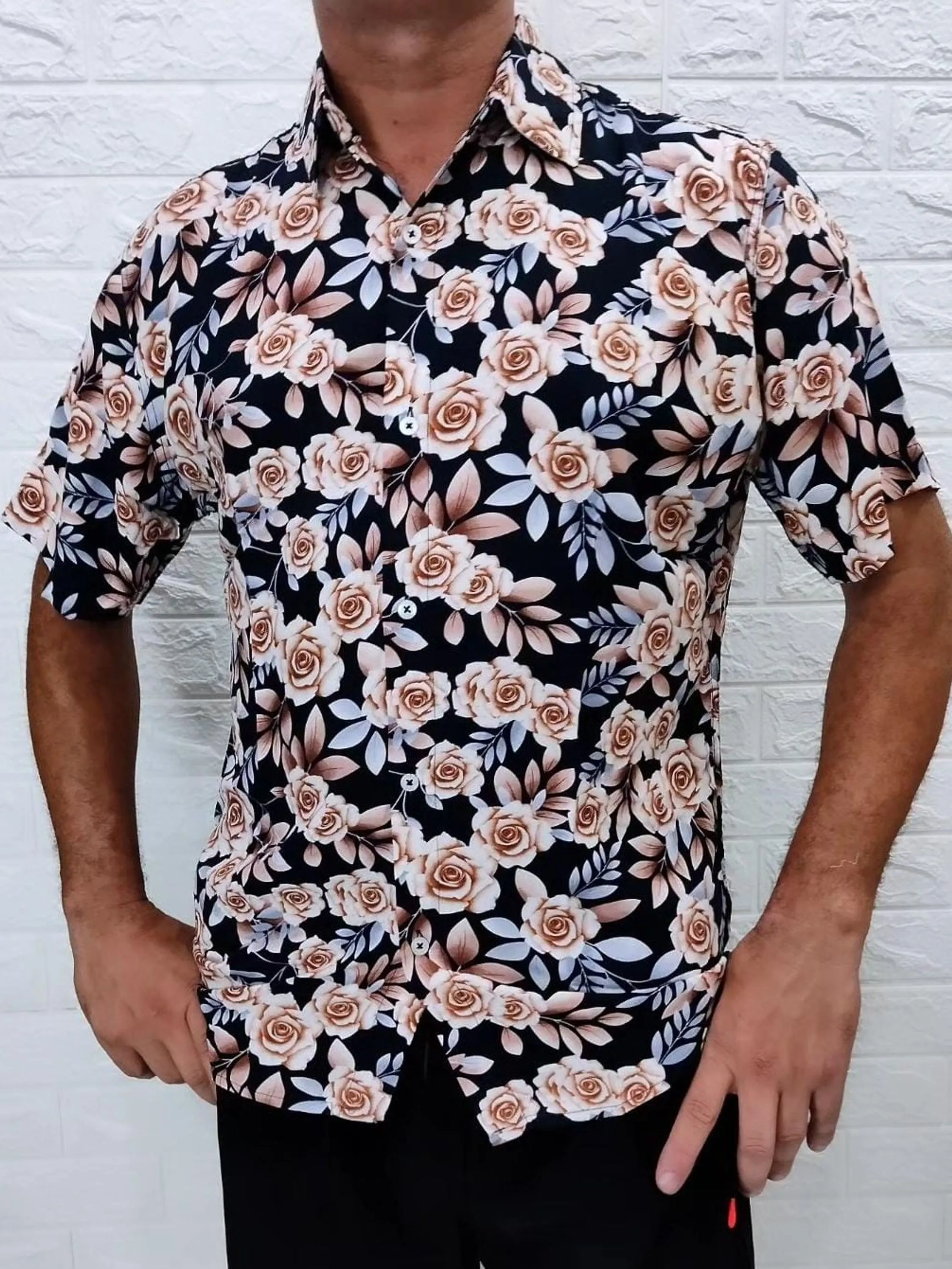 Camisa Masculina Social Floral Estampada Manga Curta Slim