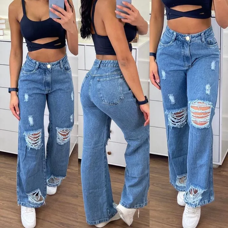 Calça Jeans wide Leg destroyed