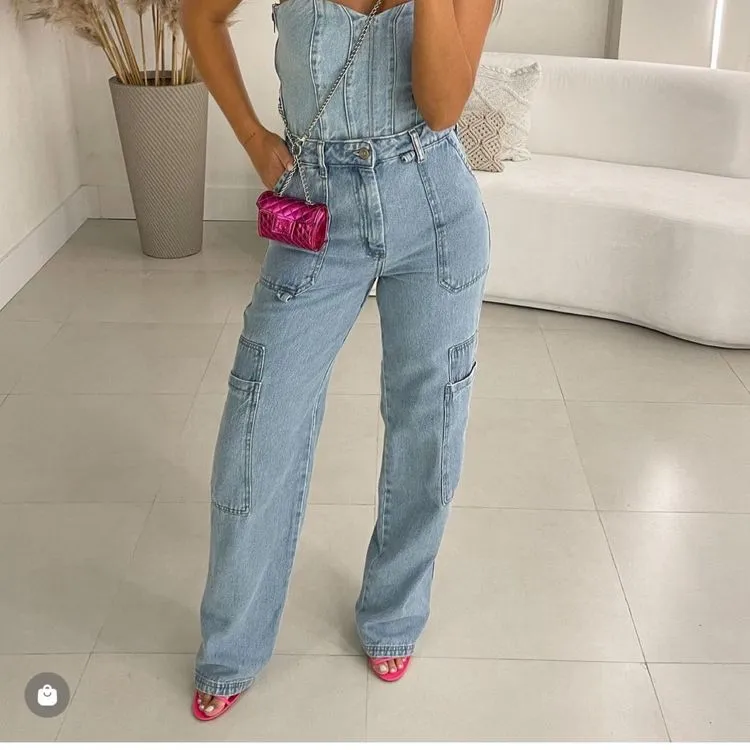 Calça jeans Wide leg bolso grande