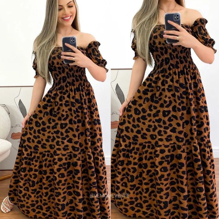 Vestido longa de animal print modas