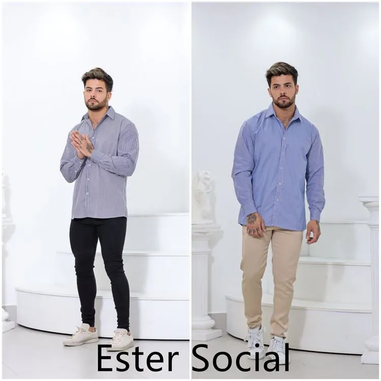 Camisa Social Masculina Xatrez Manga Longa Sem Bolso