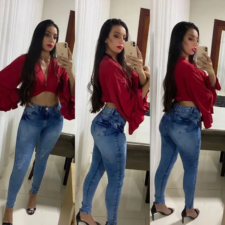 Calça jeans feminina skinny cós alto levanta bumbum