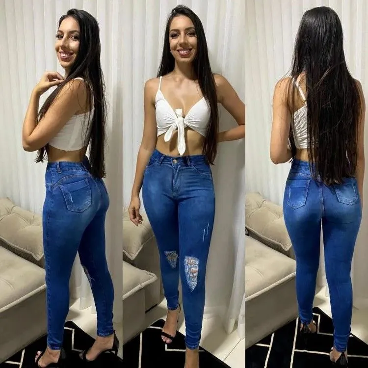 Calça jeans feminina skinny cós alto levanta bumbum