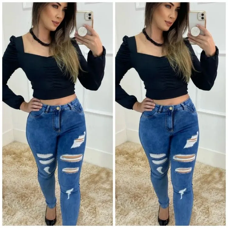 Calças jeans feminina skinny cós alto levanta bumbum