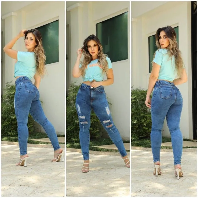 Calça jeans feminina skinny cós alto levanta bumbum