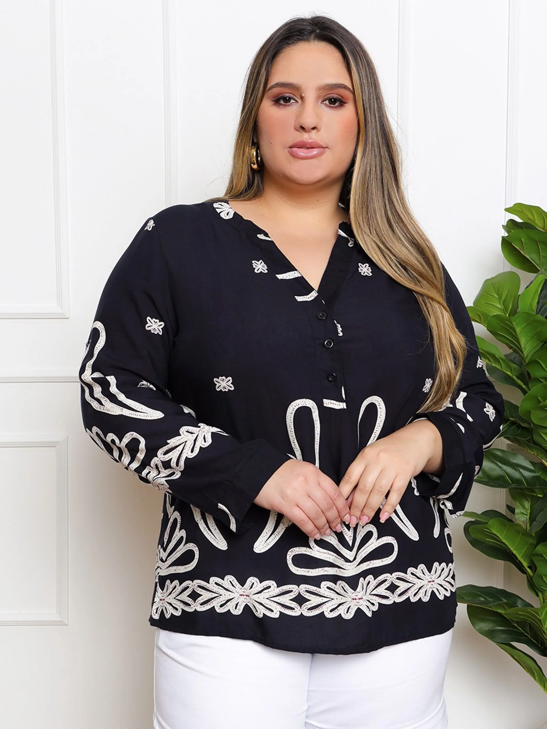 Camisa manga longa estampada plus size K003