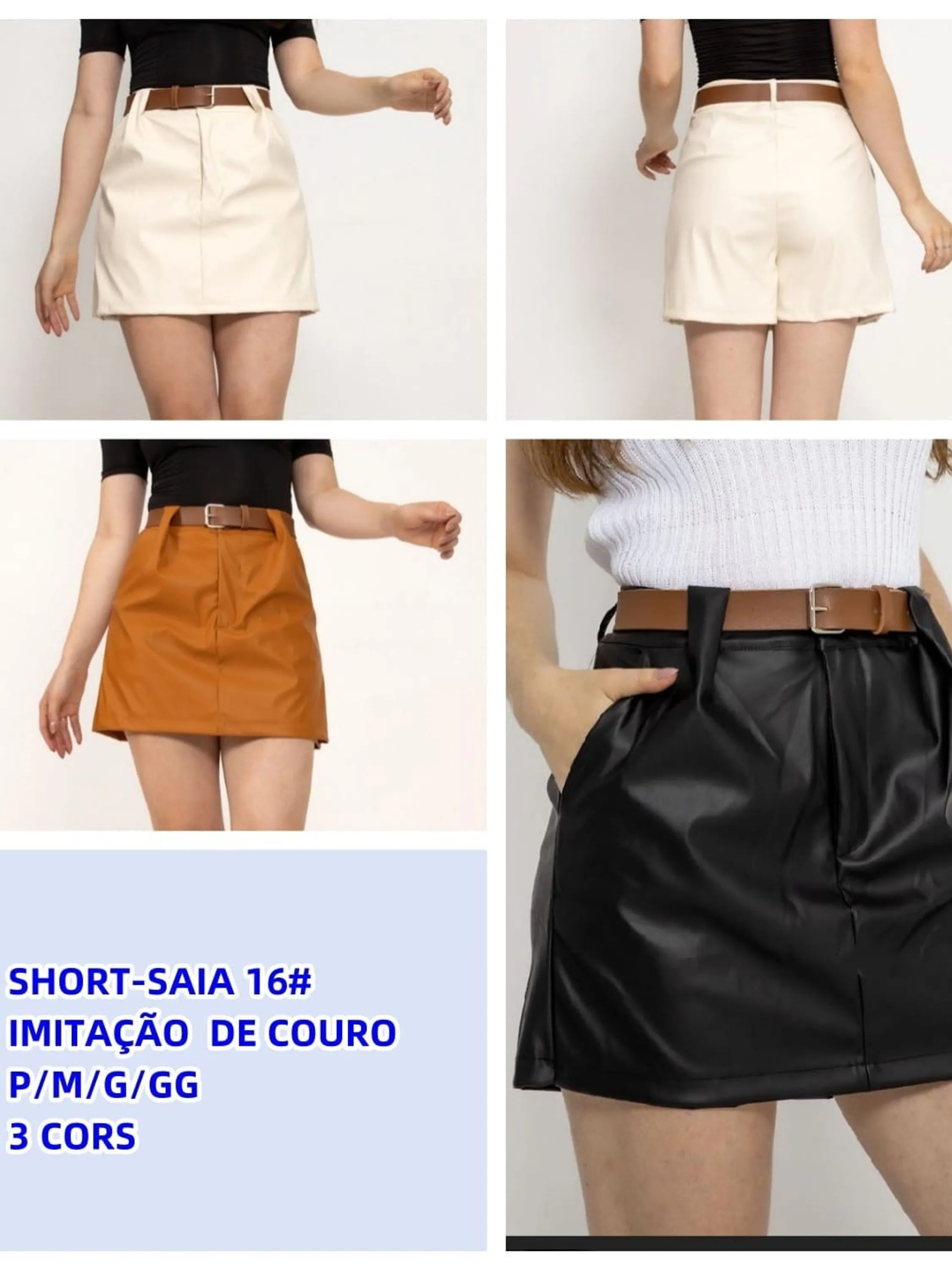 Novidade shorts saia c/ cinto couro fake