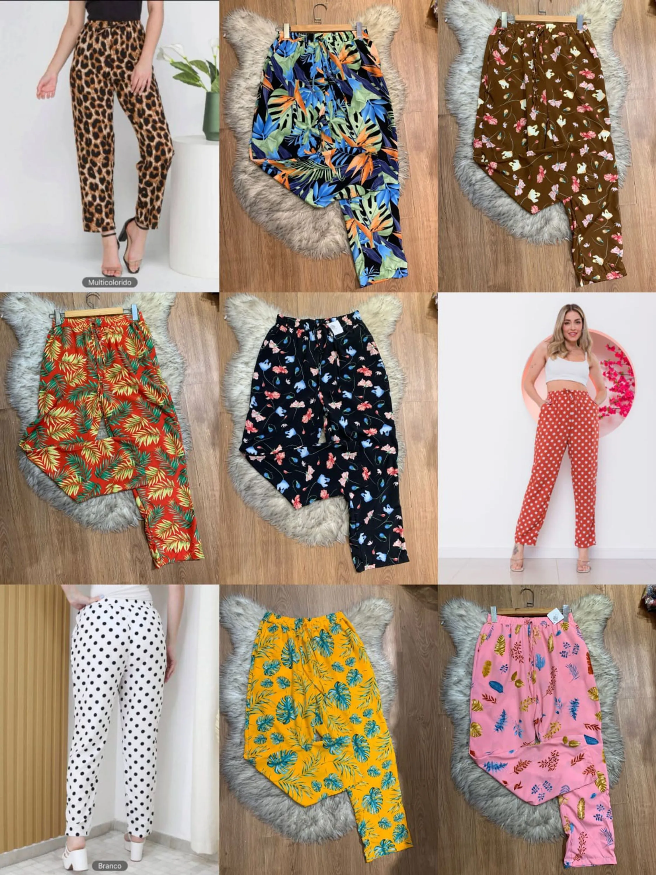 Novidade calça crepinho estampadas aleatórias