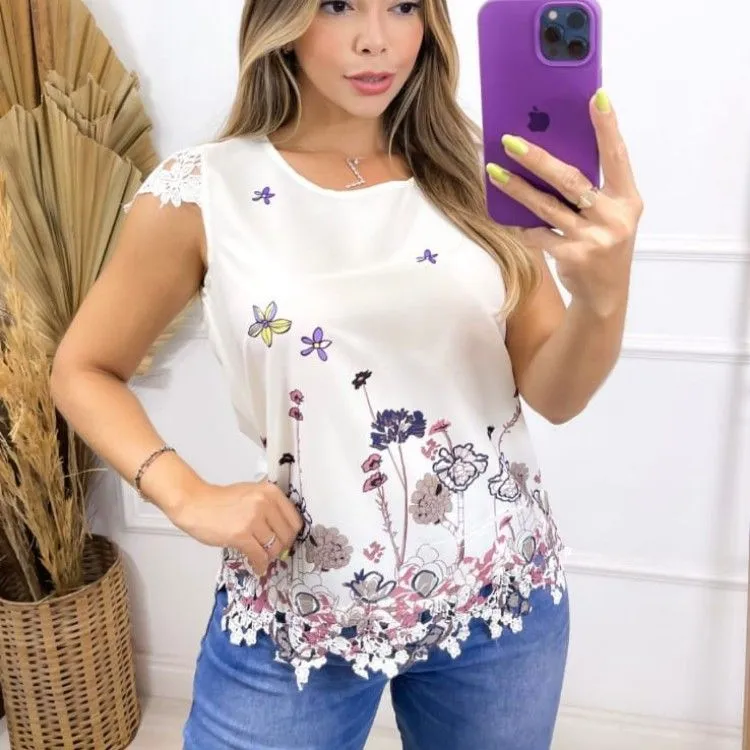 Blusa crepe estampada com detalhes na manga e em baixo FY1850