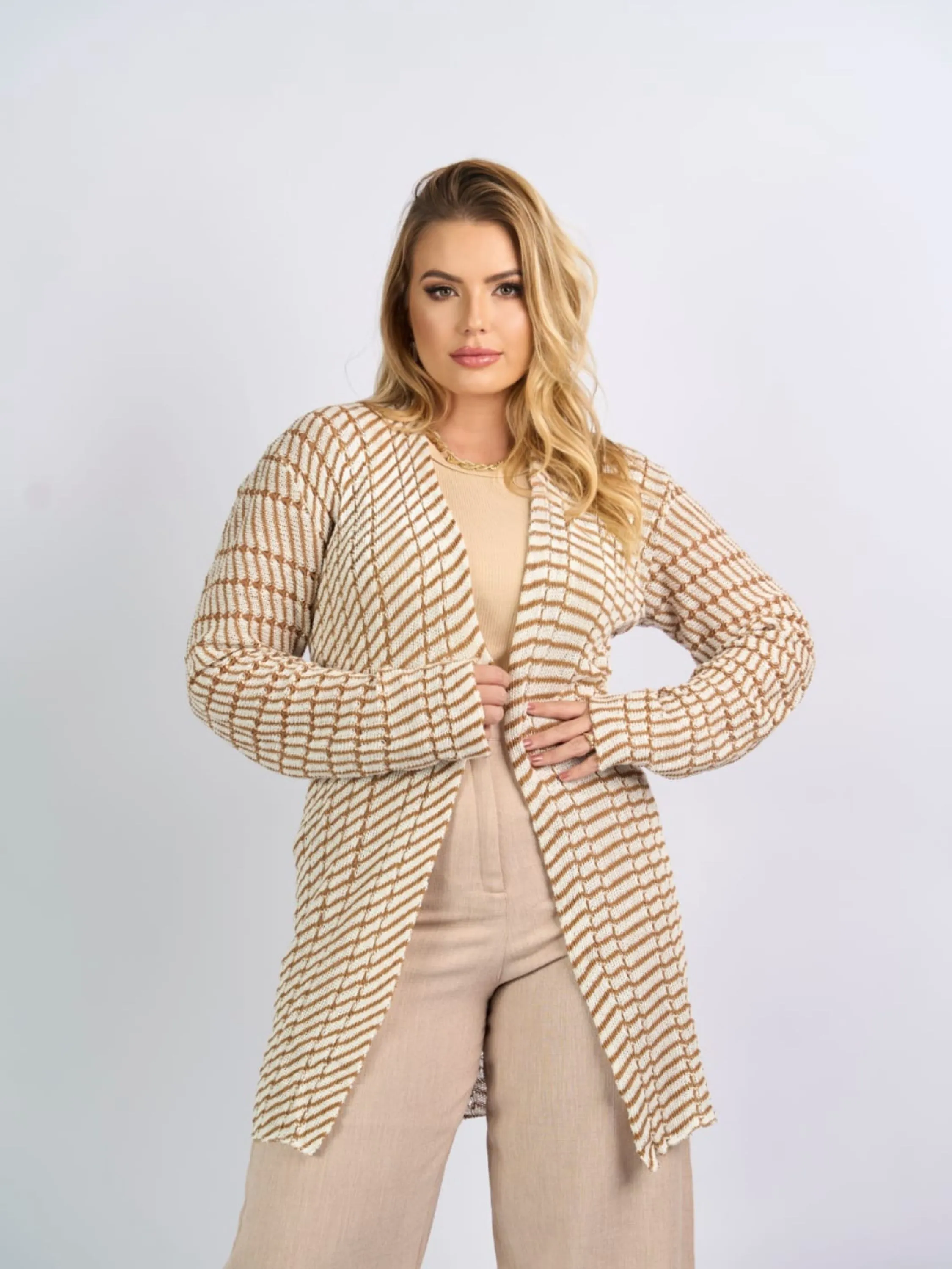 Cardigan longa tricot xadrez