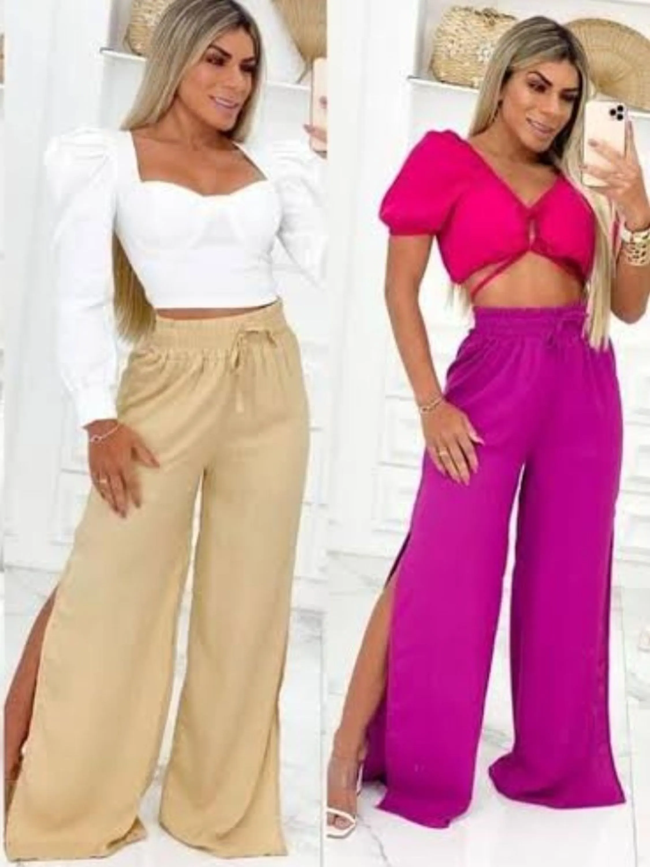 Novidade calça pantalona com fenda viscolinho