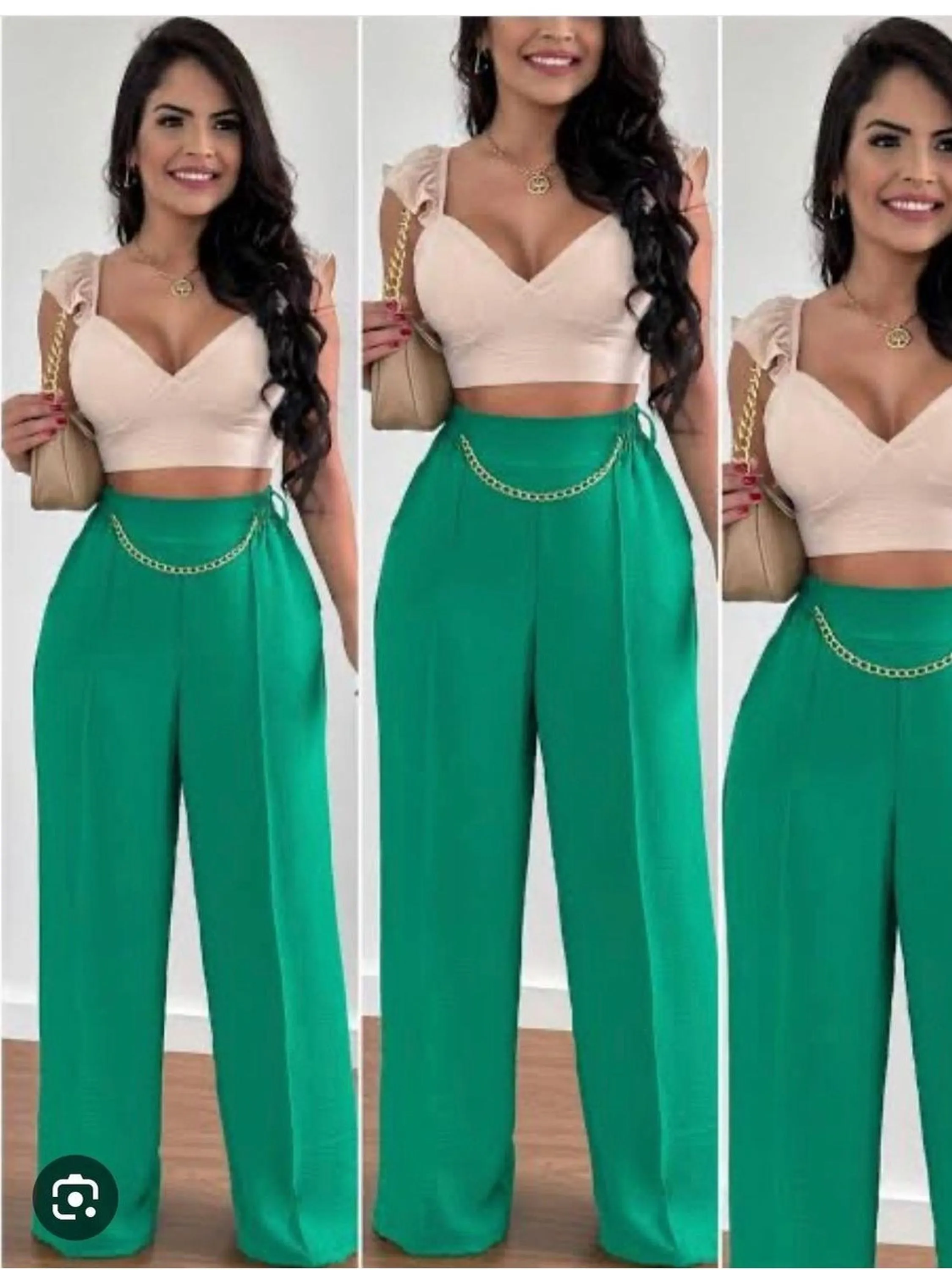 Calça Pantalona Tecido Duna Com corrente