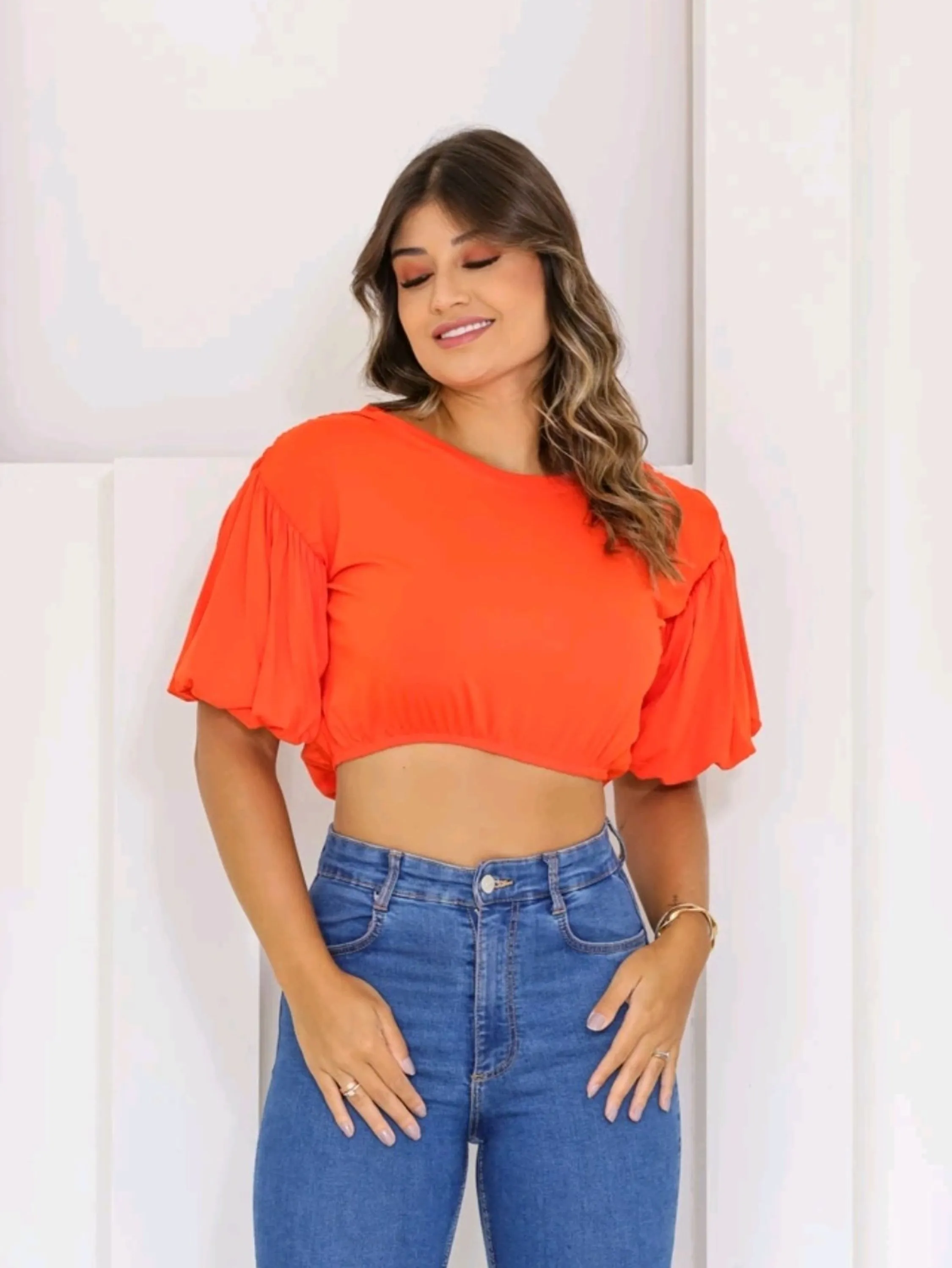 Blusa Cropped Camiseta Feminina Tecido Viscolaycra Com Manga Bufante