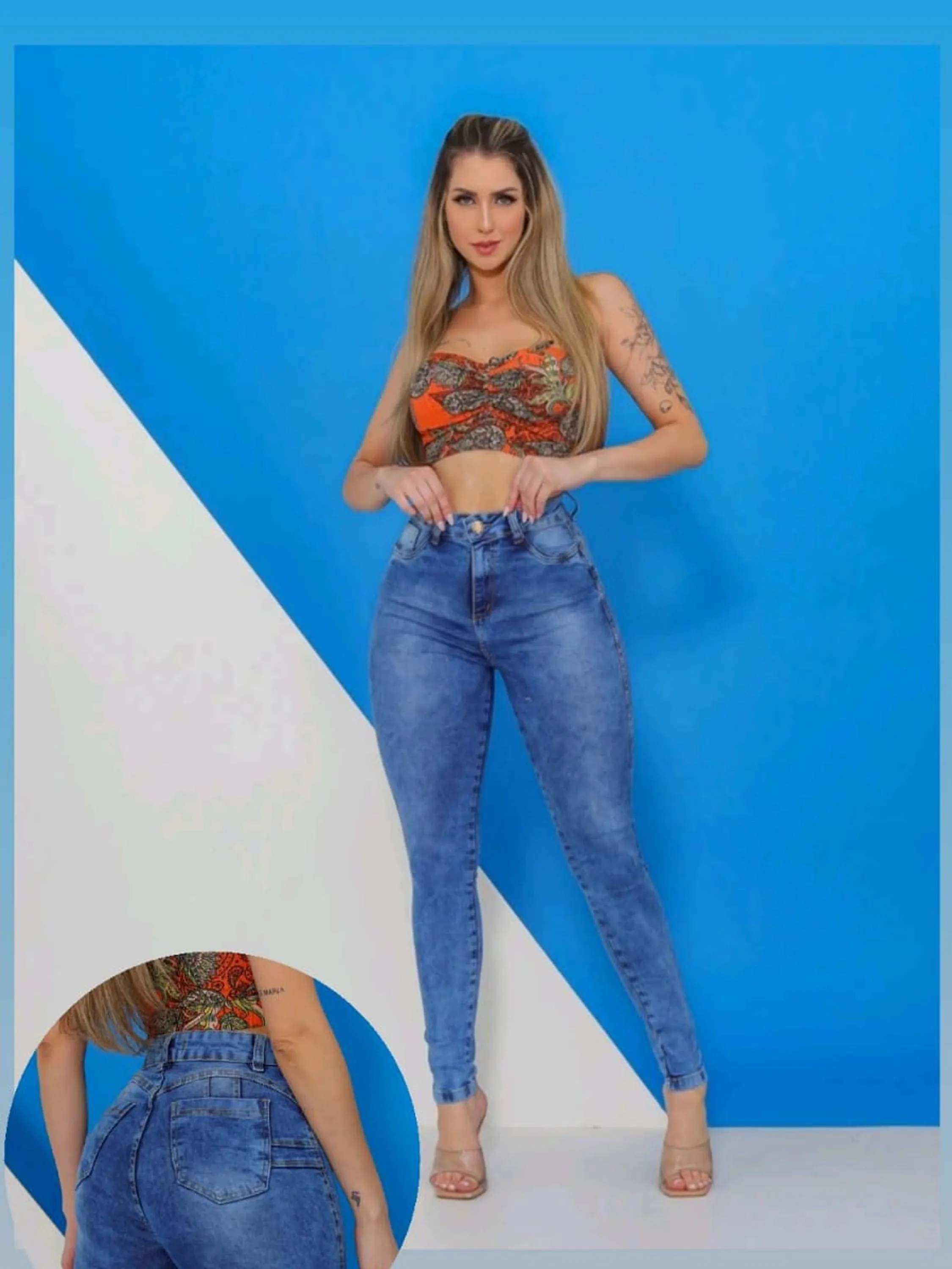 Calça jeans feminina skinny levanta bumbum com detalhe